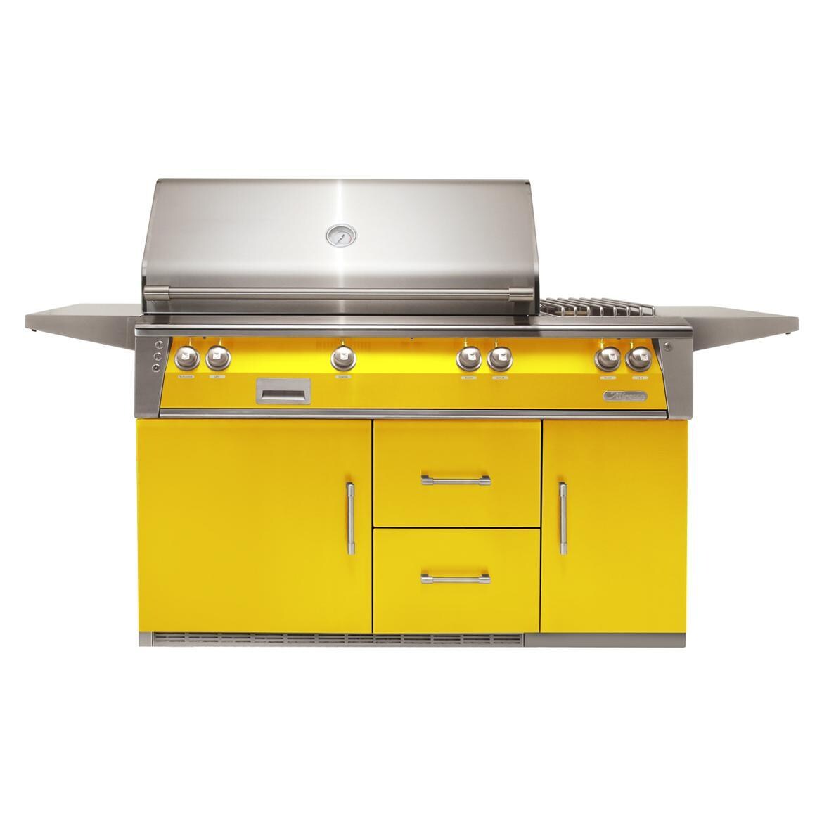 Alfresco ALXE 56-Inch Freestanding Natural Gas Deluxe Grill On Refrigerated Cart With Rotisserie And Side Burner in Traffic Yellow - ALXE-56R-NG-S1023