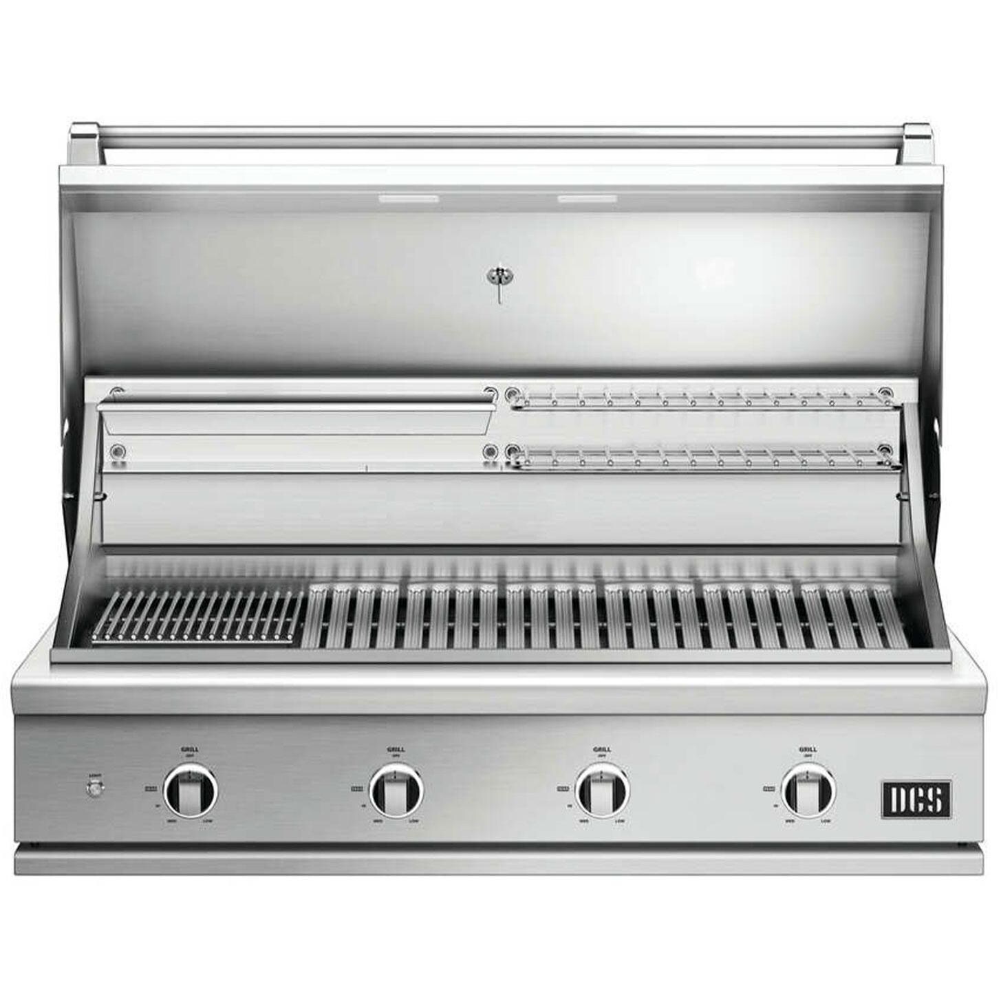 DCS BE1-48C-N Series 9 48 Inch 4 Burner Built-In Natural Gas Grill w/ Charcoal Smoker Box - Lid Up - White Background thumbnail