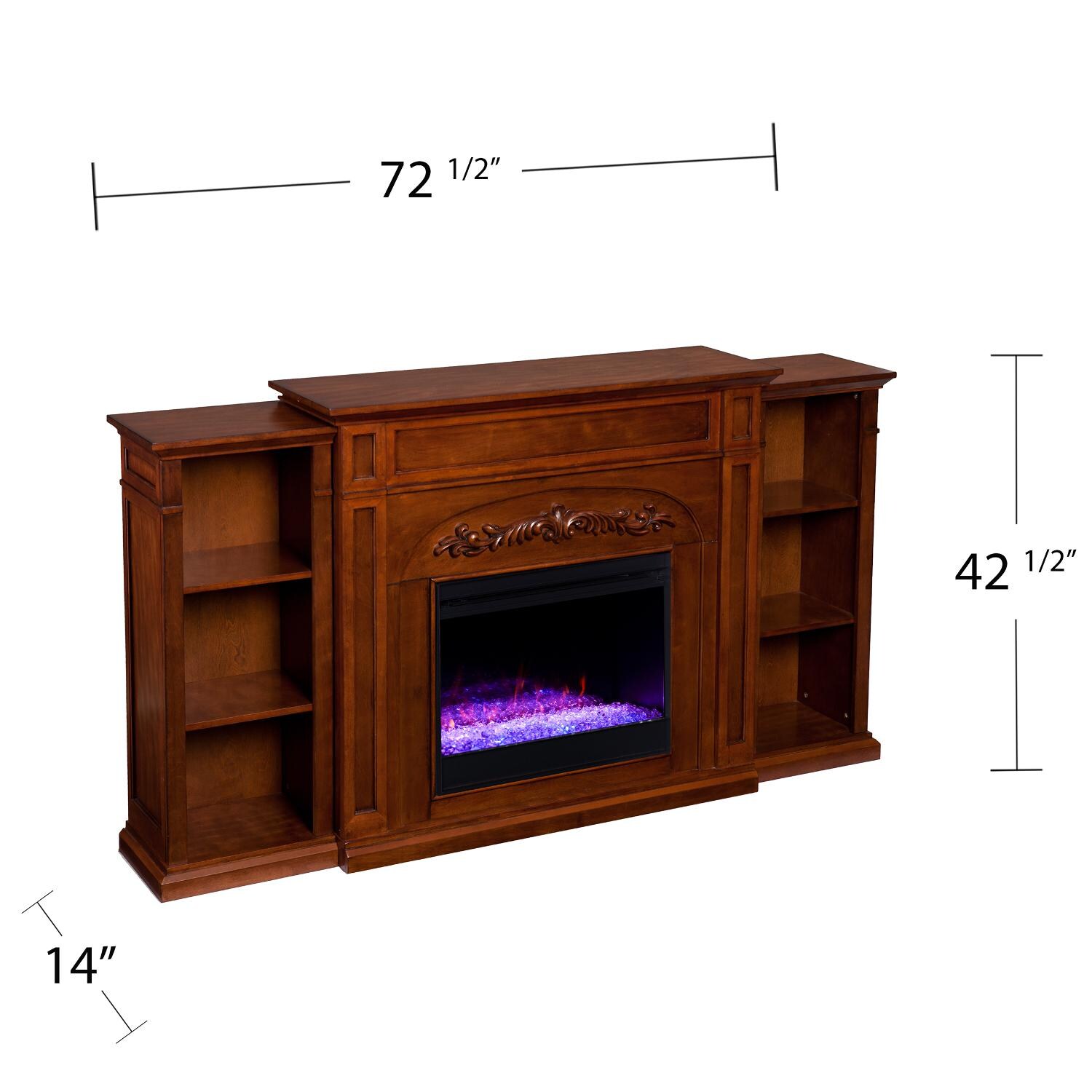Southern Enterprises FC8532 Chantilly 72-Inch Color Changing Electric Fireplace W/ Bookcases - Autumn Oak - Measurements thumbnail