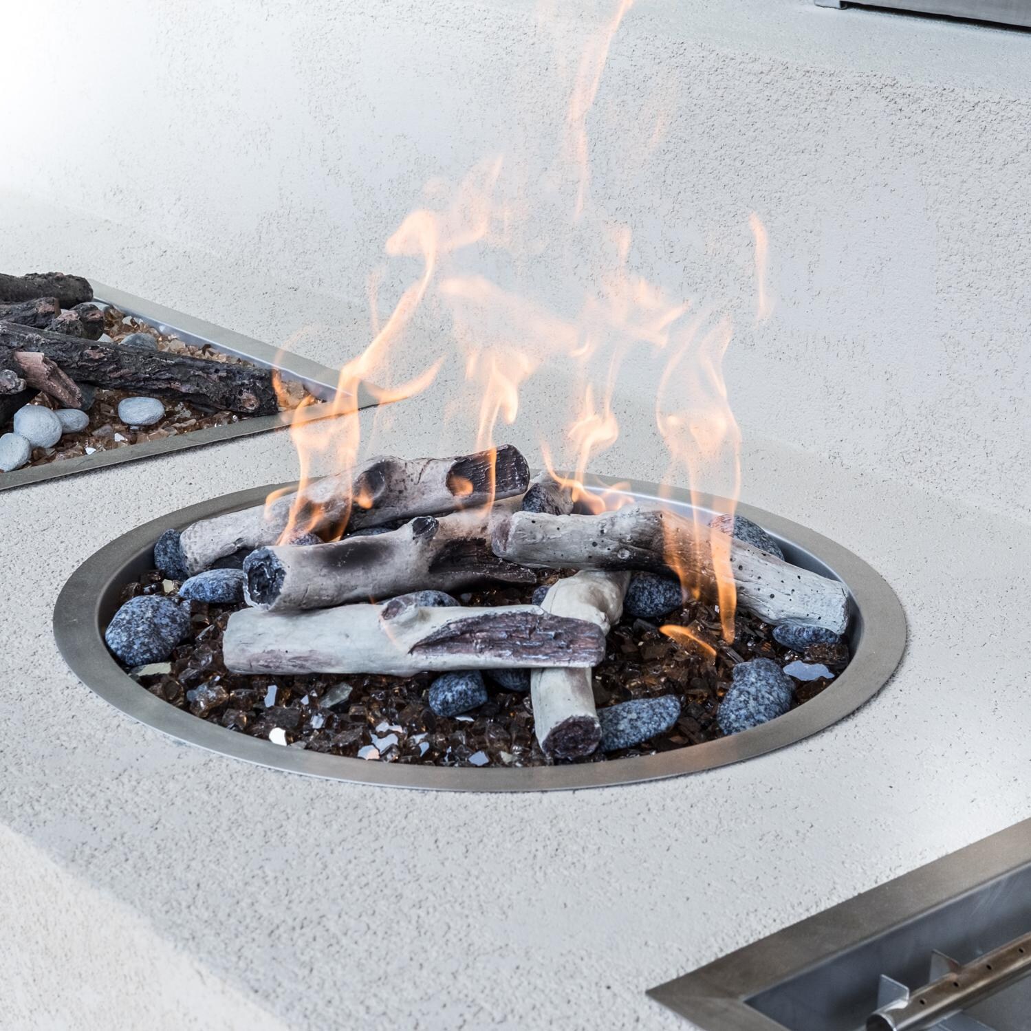 BBQGuys Signature Series Round Drop-In Pan W/ Ring Burner - In Use - Shown W/ BBQGuys Signature Series Roman Bronze Reflective Fire Glass, Enhance a Fire Lighthouse Path Mixed Stones, and Enhance a Fire Key Largo Twigs (Fire Media Sold Separately) thumbnail