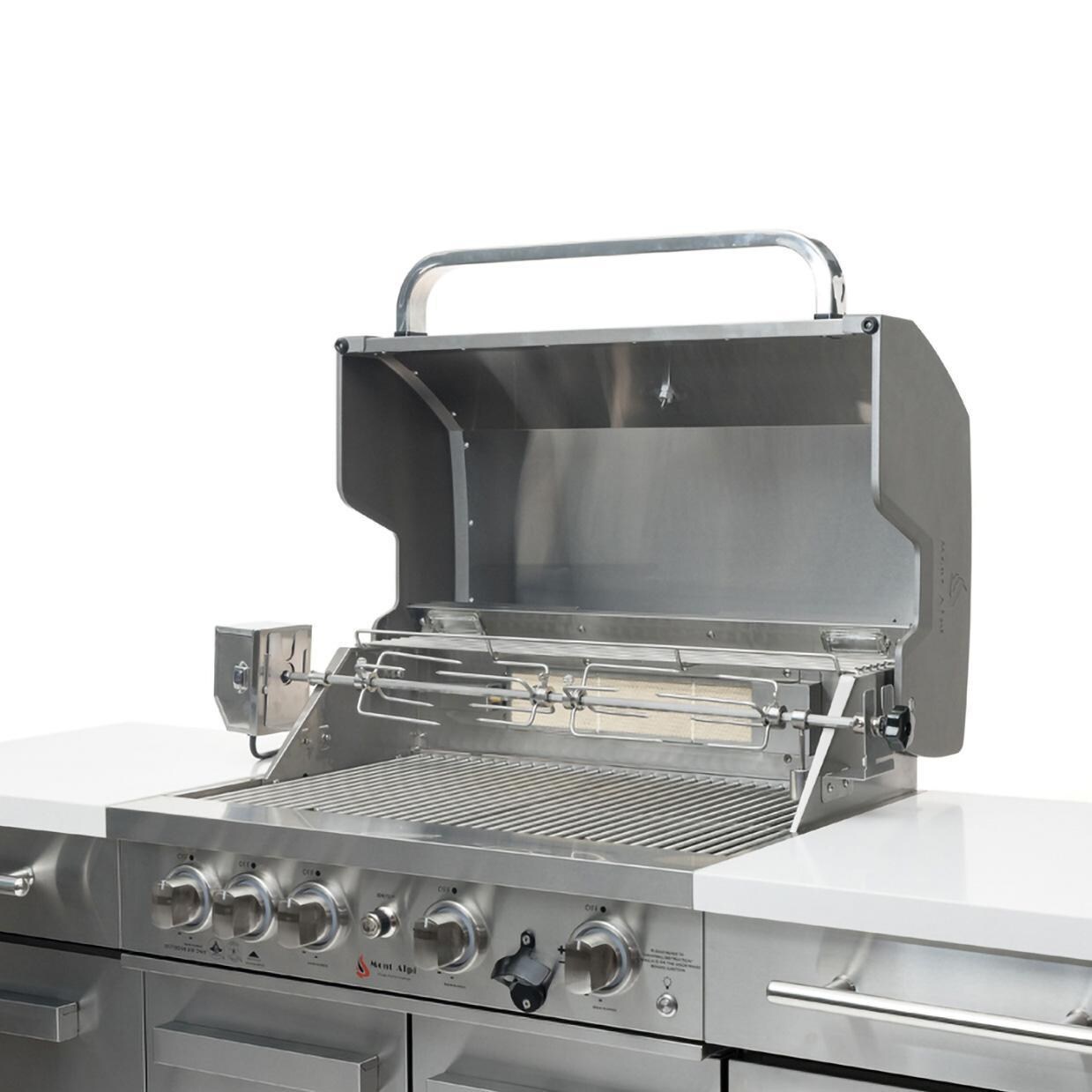 Mont Alpi 957 Propane Island w/ Compact Refrigerator, Infrared Rear Burner & Rotisserie Kit - Stainless Steel - Grill Open Up Close - White Background thumbnail