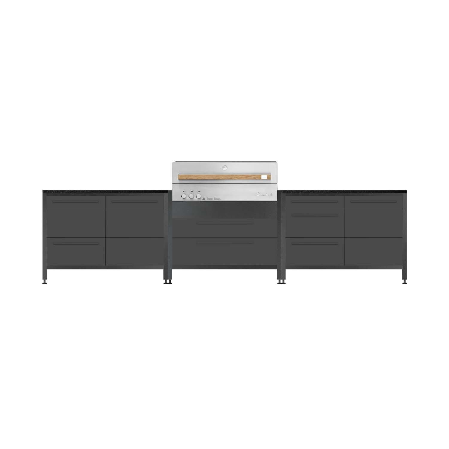 Burnout BBQ Modular Front-Lit Outdoor Kitchen Island w/ Flammkraft Model D Built-In Grill, Triple Drawers, Propane Pullout, and Pullout Waste Bins- Dawn - White Background thumbnail