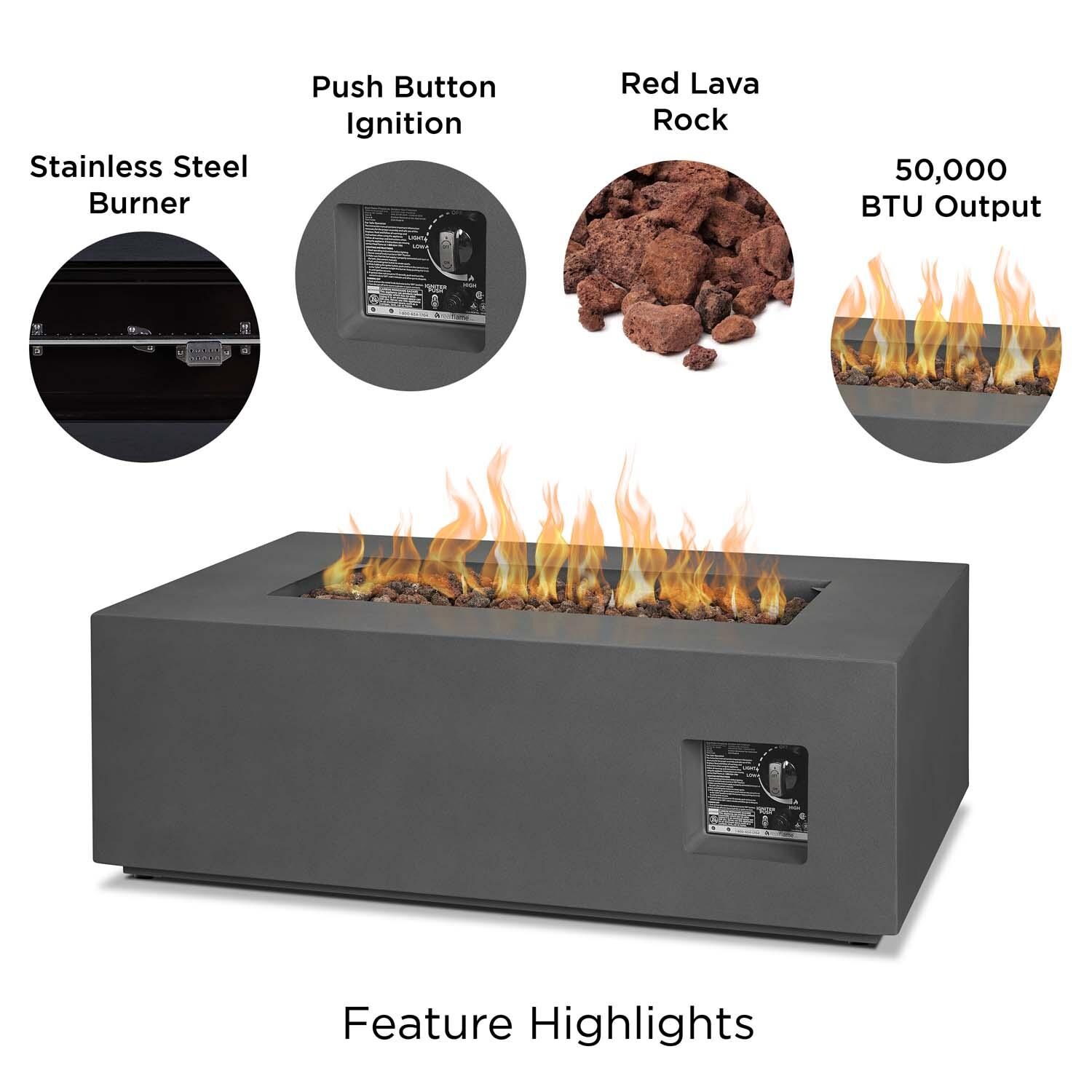 Elysian 42 Inch Rectangular Powder Coated Steel Propane Fire Pit Table in Weathered Slate by Lakeview Outdoor Designs - Features thumbnail