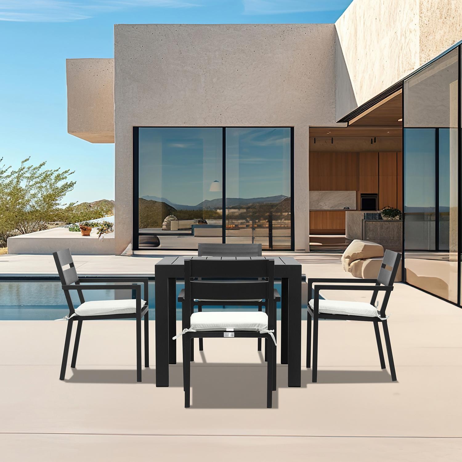 Calm Bay Classic 5 Pc Square Aluminum Dining Set in Black/Canvas Natural by Lakeview Outdoor Designs