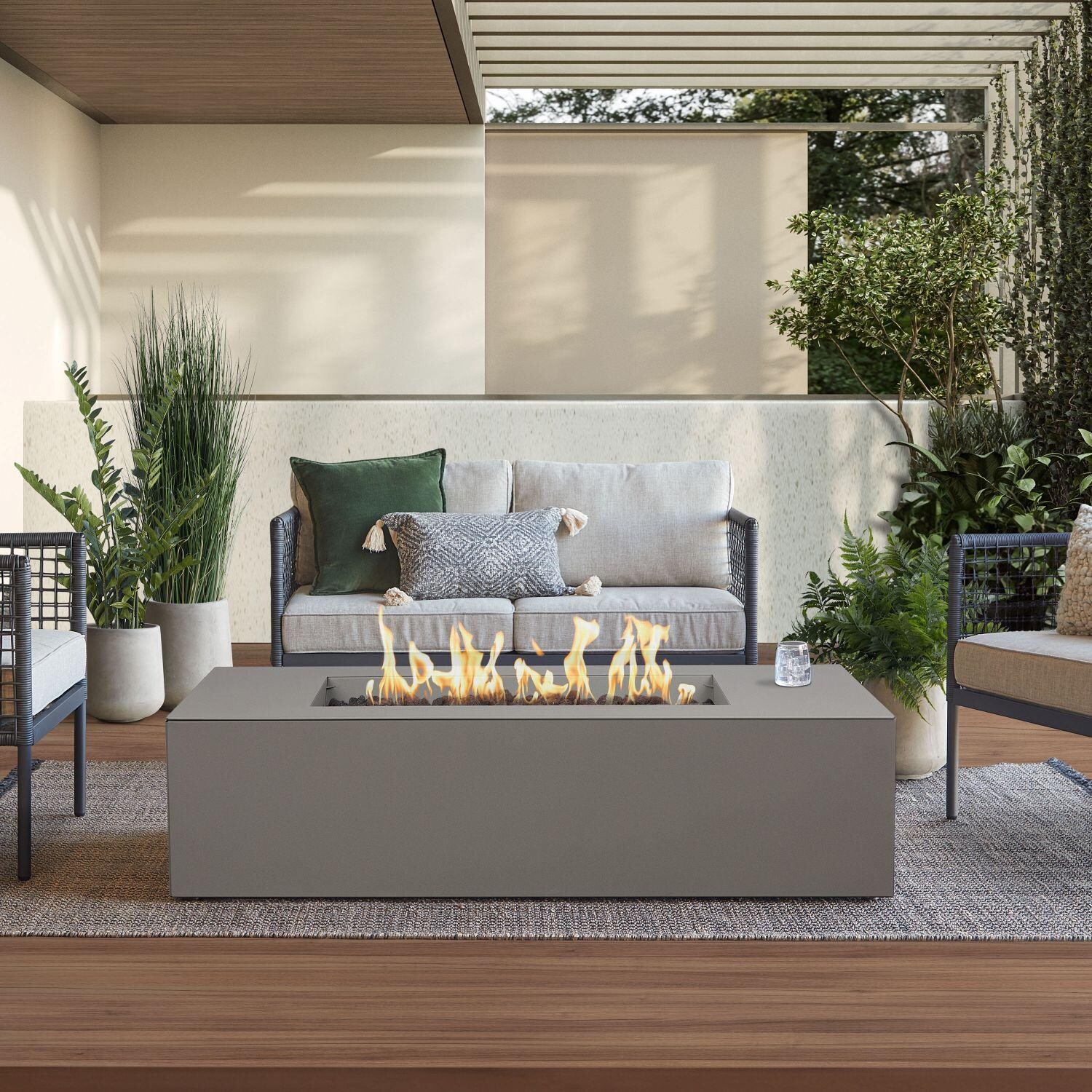 Covewood 58 Inch Low Profile Rectangular Aluminum Propane Fire Pit in Cloud Gray by BBQGuys Signature