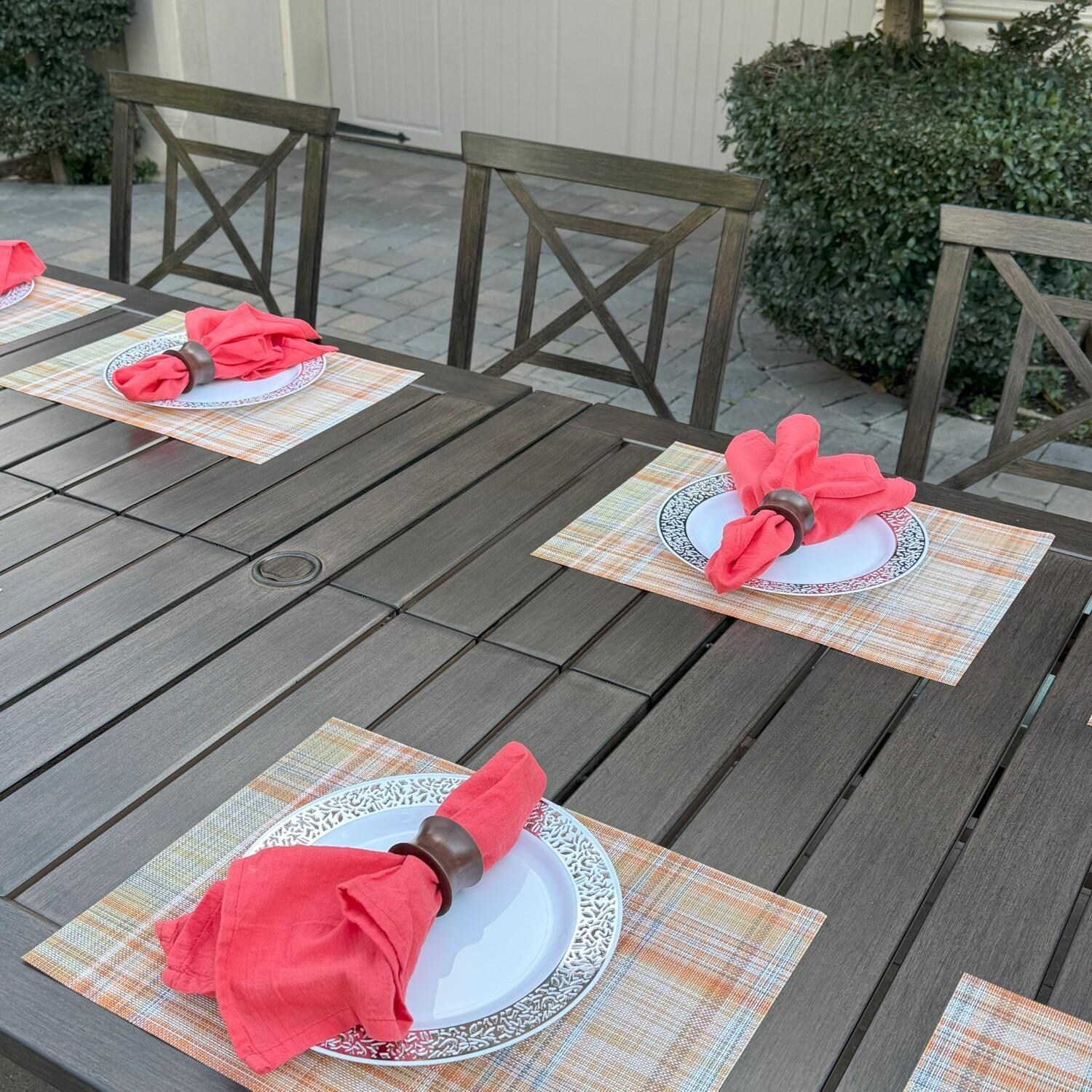 Atlantis 9 Pc Aluminum Dining Set w/ 4 Dining Side Chairs, 2 Swivel Rocker Dining Arm Chairs, 2 Two Person Benches & Extension Table in Walnut/Spa by Darlee - Table From Above - Lifestyle thumbnail