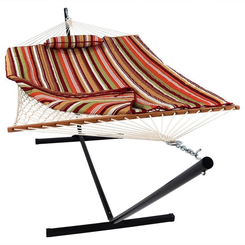 Ultimate Patio Rope Hammock w/ 12-Foot Stand, Pad, & Pillow - Tropical Orange Stripe - Pad Folded thumbnail