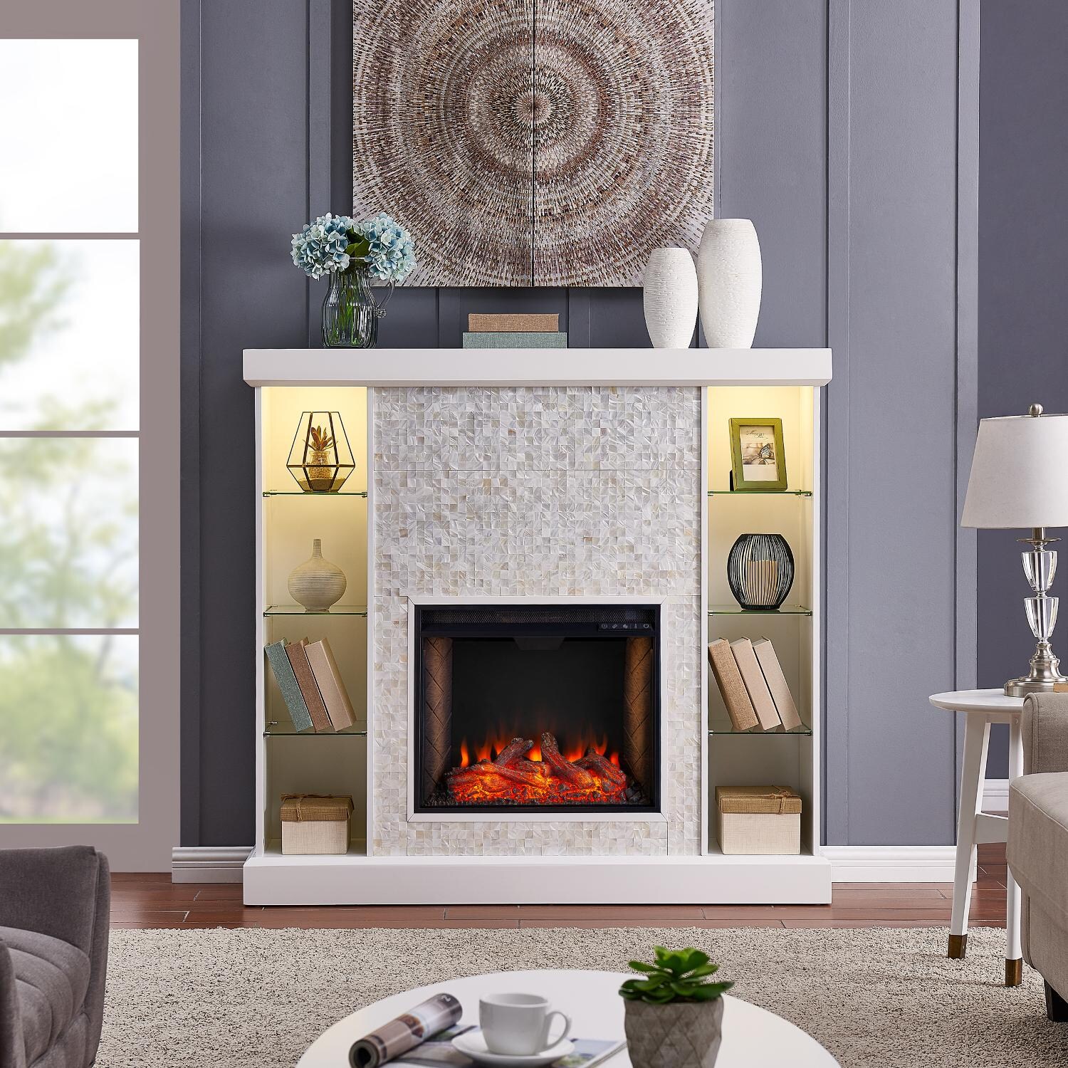 Southern Enterprises FS9621 Colworth 55-Inch Electric Fireplace Media Console W/ Alexa-Enabled Smart Firebox - White W/ Tile Surround thumbnail