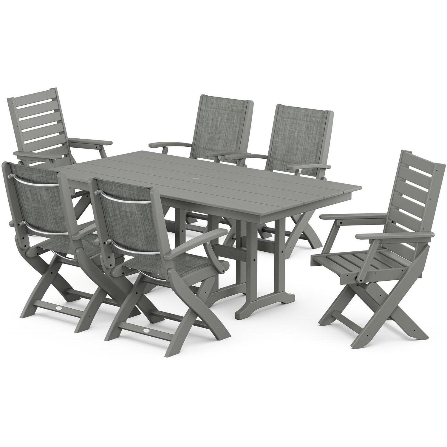 POLYWOOD x BBQGuys Creekside 7 Pc Recycled Plastic Dining Set w/ Birch Sling in Slate Gray