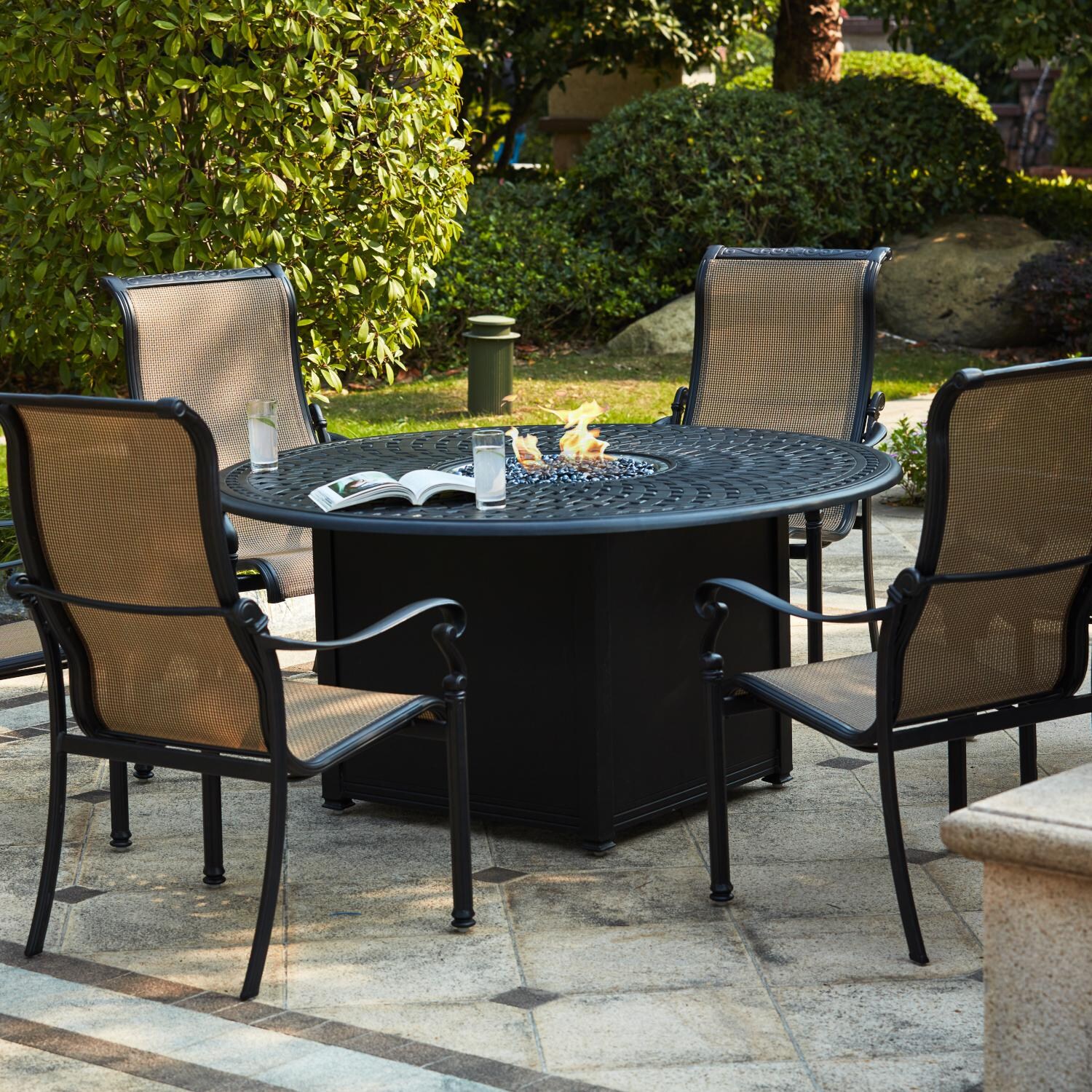 Monterey 7 Pc Cast Aluminum Fire Pit Dining Set w/ 60 Inch Round Signature Table in Irish Mix by Darlee