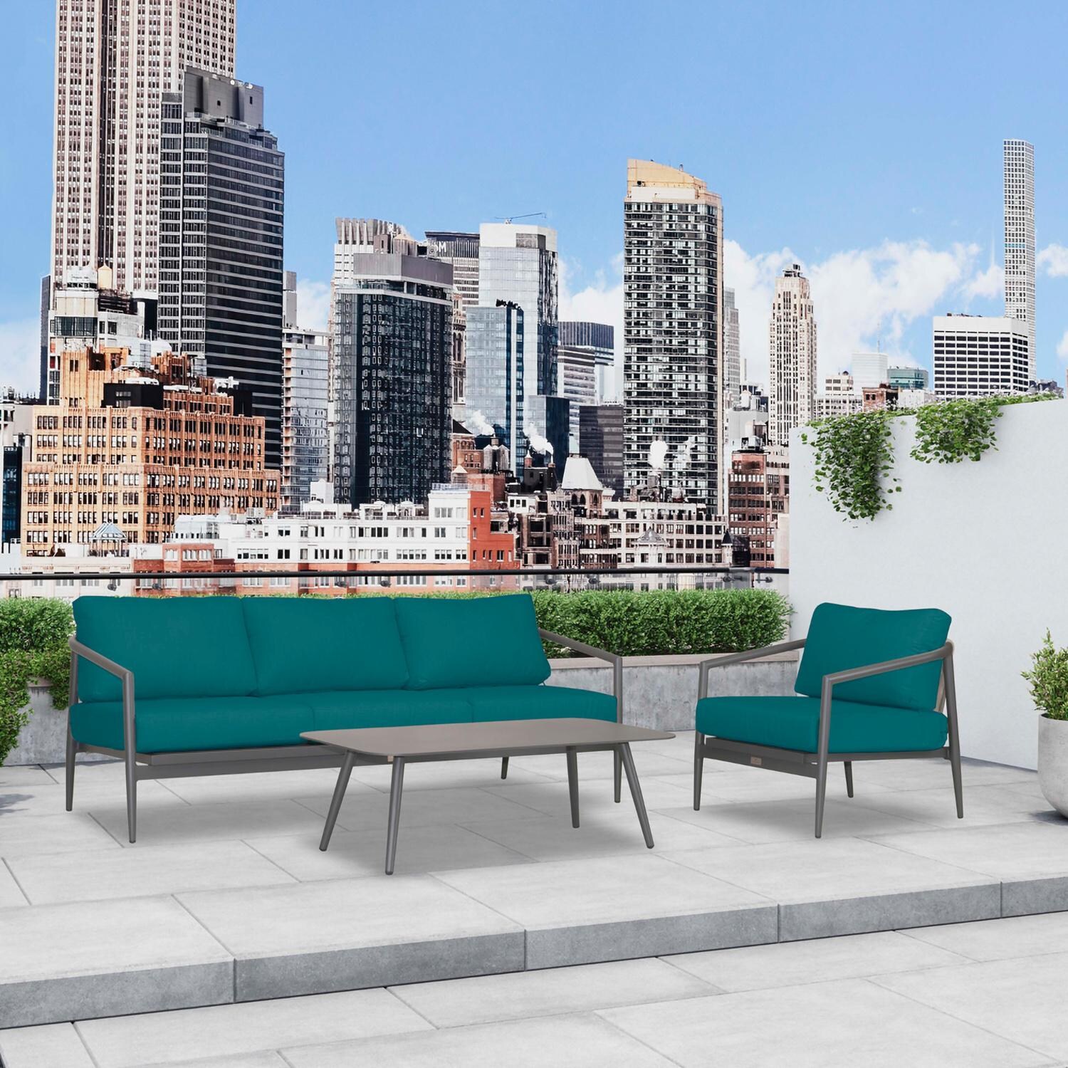 Lakeview Midnight Cove 3 Pc Aluminum Sofa Seating Set in Slate/Pebble Gray/Spectrum Peacock - Angled - Lifestyle thumbnail