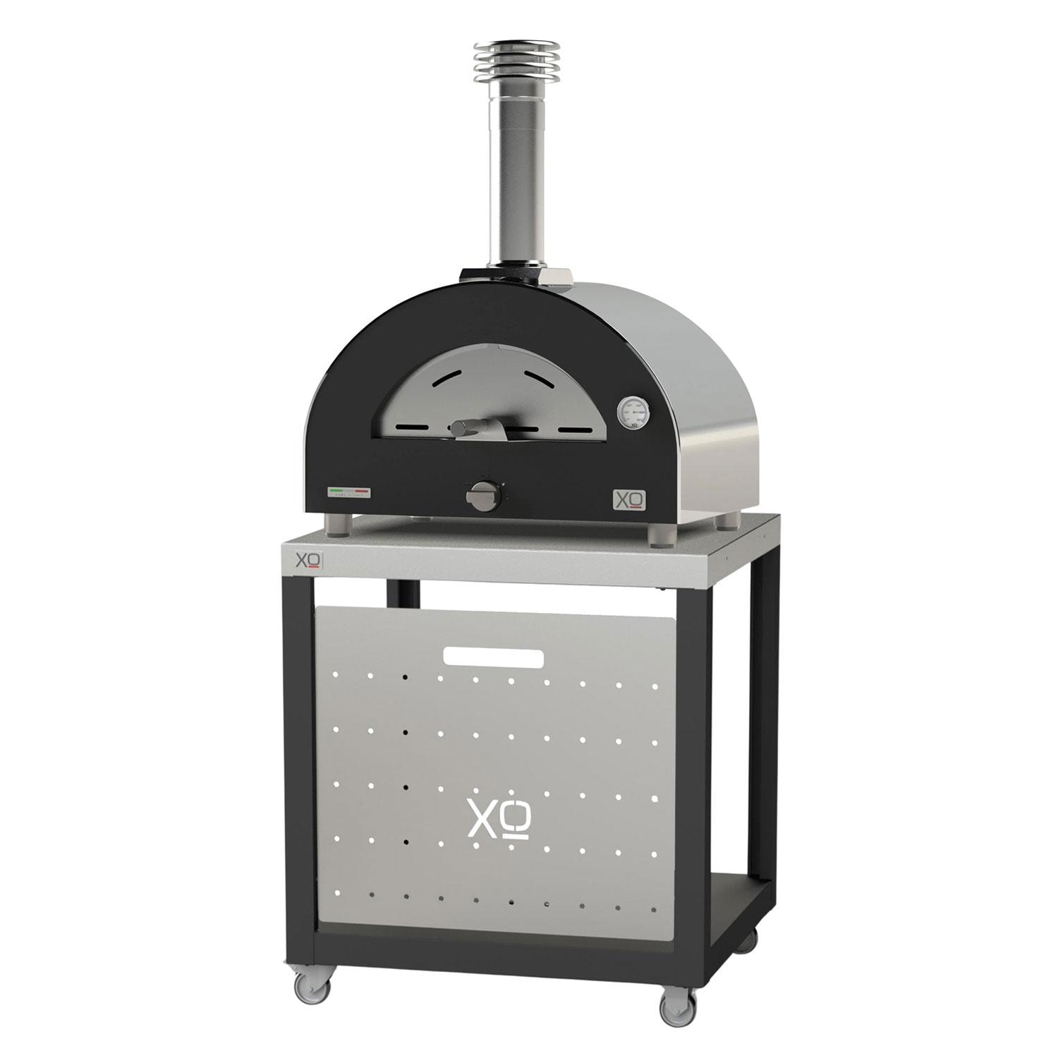 XO Appliance XOPIZZA1BASE Pizza Oven Cart for XOPIZZA1   - Oven Attached - Shown in Black & Stainless Steel finish - White Background thumbnail