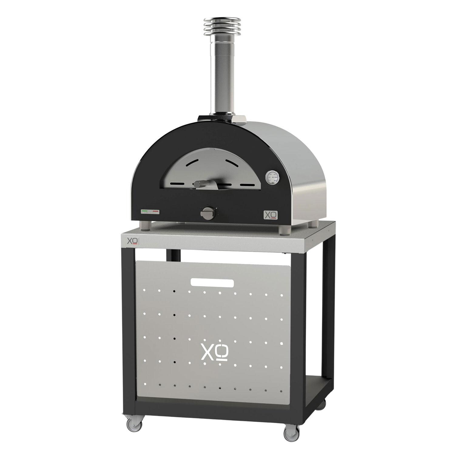 XO Appliance XOPIZZA1BASE Pizza Oven Cart for XOPIZZA1 - Oven Attached - Shown in Black & Stainless Steel finish - White Background thumbnail