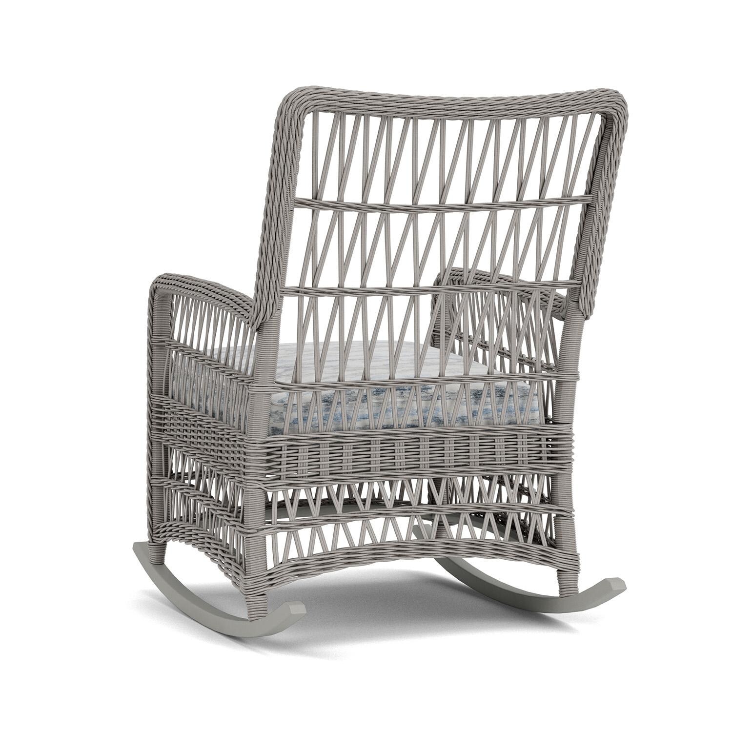 Lloyd Flanders Mackinac High Back Porch Rocker in Putty Finish with Stratosphere Cloud fabric - Rear Left thumbnail