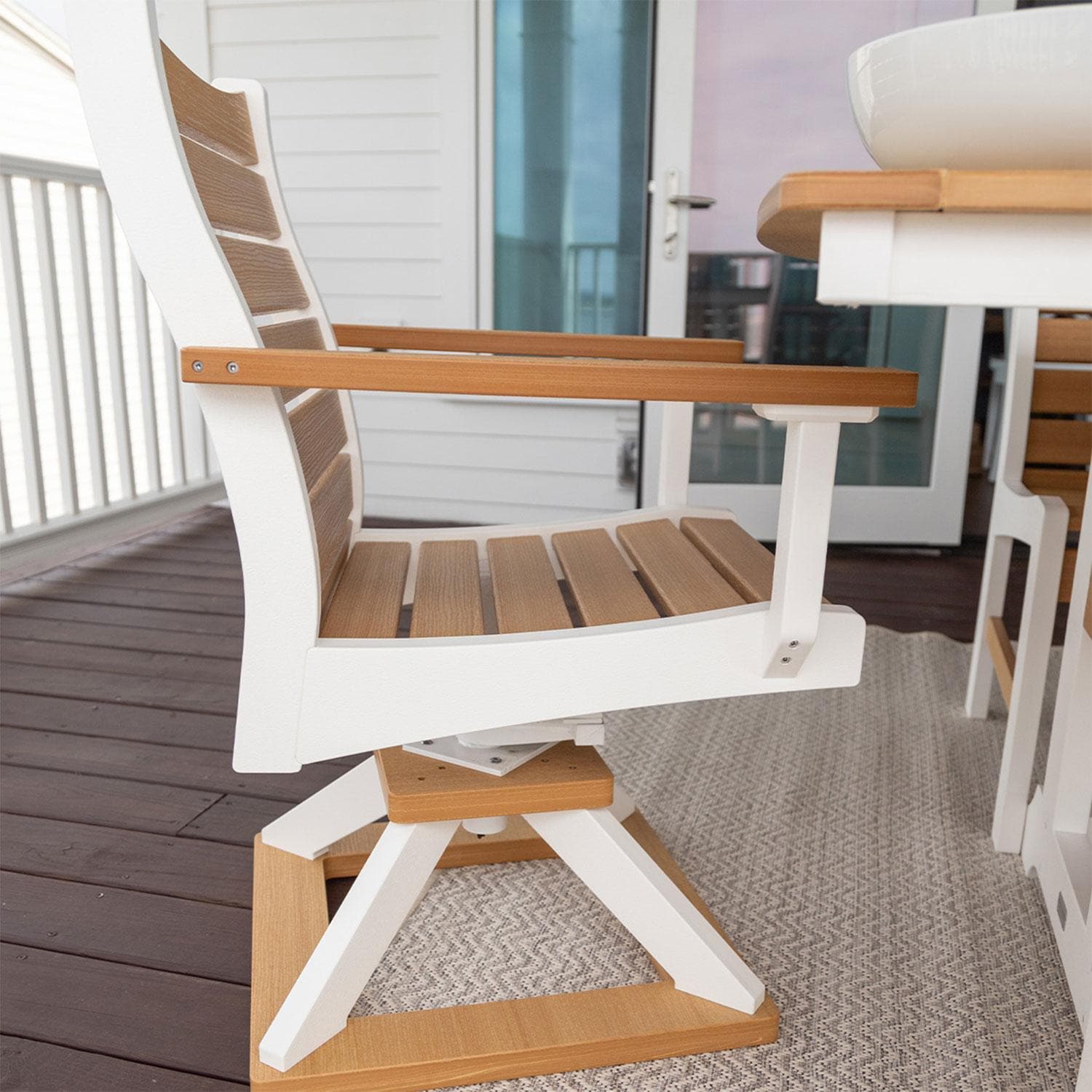 Berlin Gardens Garden Classic Regular Natural Teak Top w/ White Base 96 Inch Fire Pit Dining Set - Swivel Chair - Lifestyle thumbnail