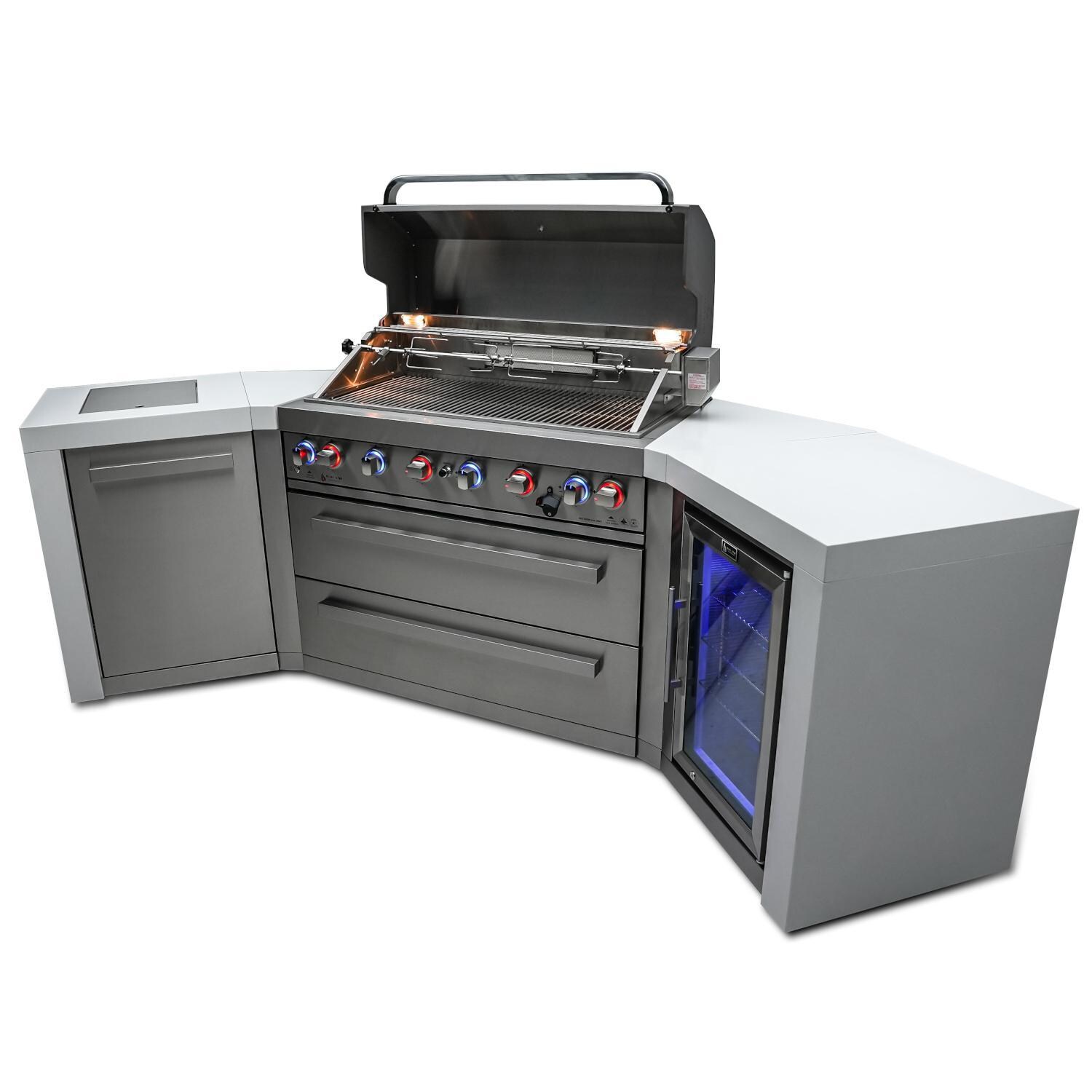 Mont Alpi MAi805-D45FC Deluxe 45 Degree Natural Gas Island Grill W/ Refrigerator Cabinet - Angled Left - Grill Closed - White Background thumbnail