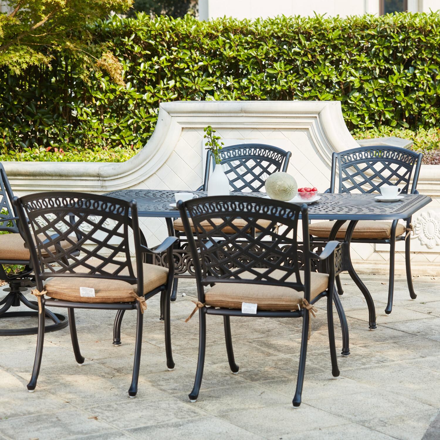 Darlee Sedona 7 Piece Cast Aluminum Patio Dining Set W/ Scrollwork Table- Antique Bronze - Lifestyle thumbnail