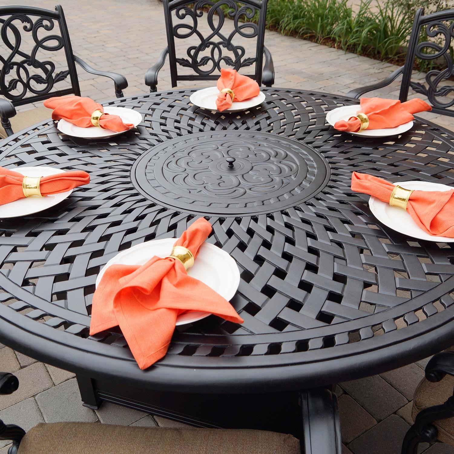 Signature 60-in Round Cast Aluminum Propane Fire Pit Dining Table in Antique Bronze by Darlee - Shown w/ Chairs (Not Included) - Lifestyle thumbnail