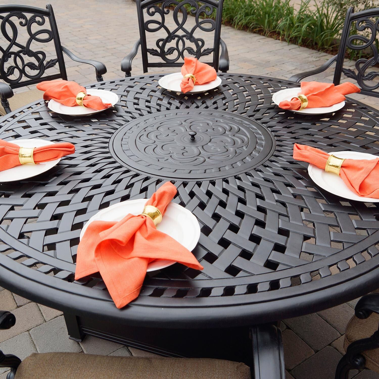 Signature 60-in Round Cast Aluminum Propane Fire Pit Dining Table in Antique Bronze by Darlee - Shown w/ Chairs (Not Included) - Lifestyle thumbnail