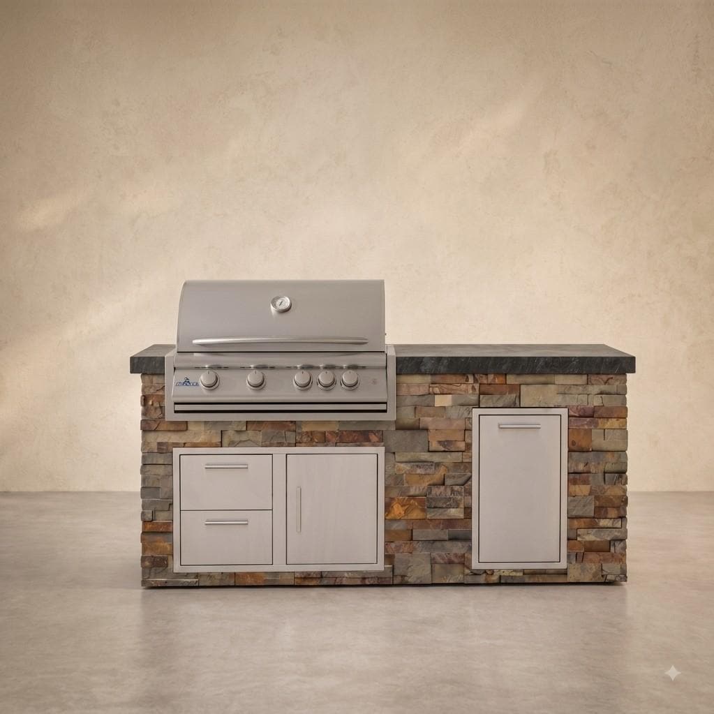 BBQGuys Signature 6 Ft Grill Island w/ 32 Inch Propane Blaze Premium LTE+ Grill & Door & Drawer | Gold Rush w/ Black Granite - Front - Lifestyle thumbnail