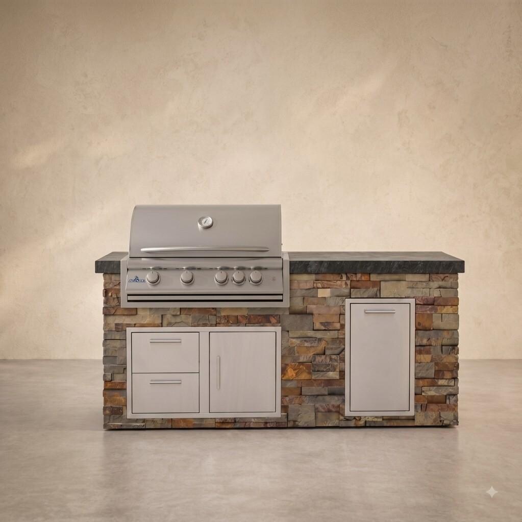 BBQGuys Signature 6 Ft Grill Island w/ 32 Inch Propane Blaze Premium LTE+ Grill & Door & Drawer | Gold Rush w/ Black Granite - Front - Lifestyle thumbnail
