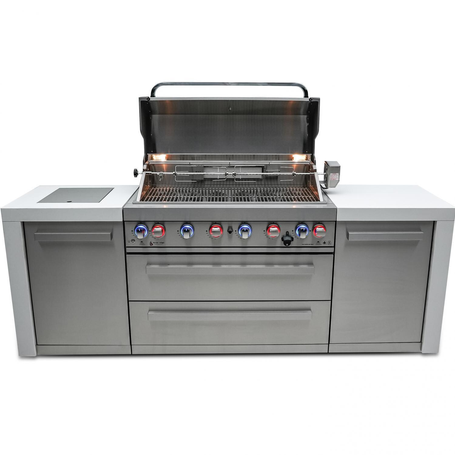 Mont Alpi - MAi805-D - Deluxe Gas Island Grill - Stainless Steel - Front View - Grill Open - White Background thumbnail