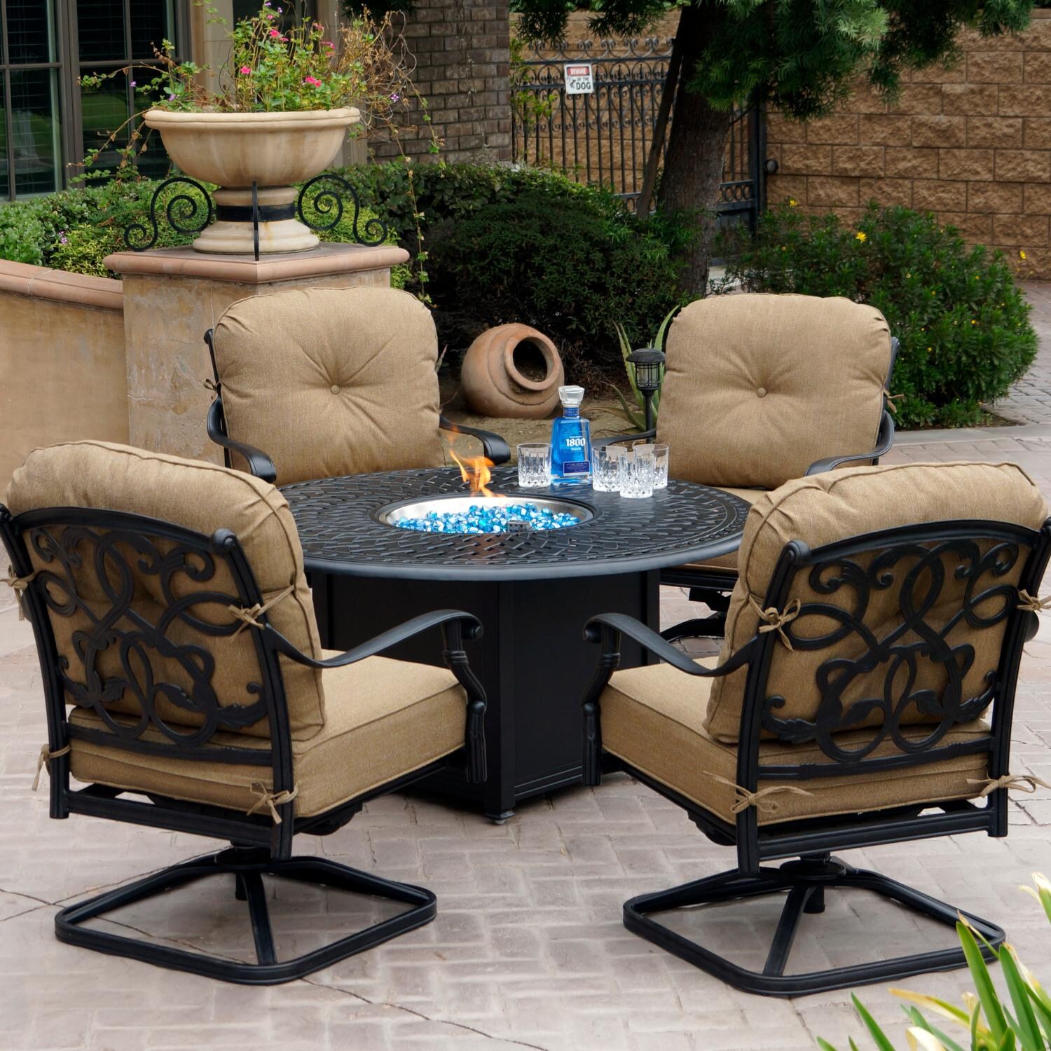 Darlee DL2056-5PCR-60QB Santa Monica 5 Piece Cast Aluminum Patio Fire Pit Conversation Set W/ Swivel Rocker Club Chairs & Sesame Cushions thumbnail