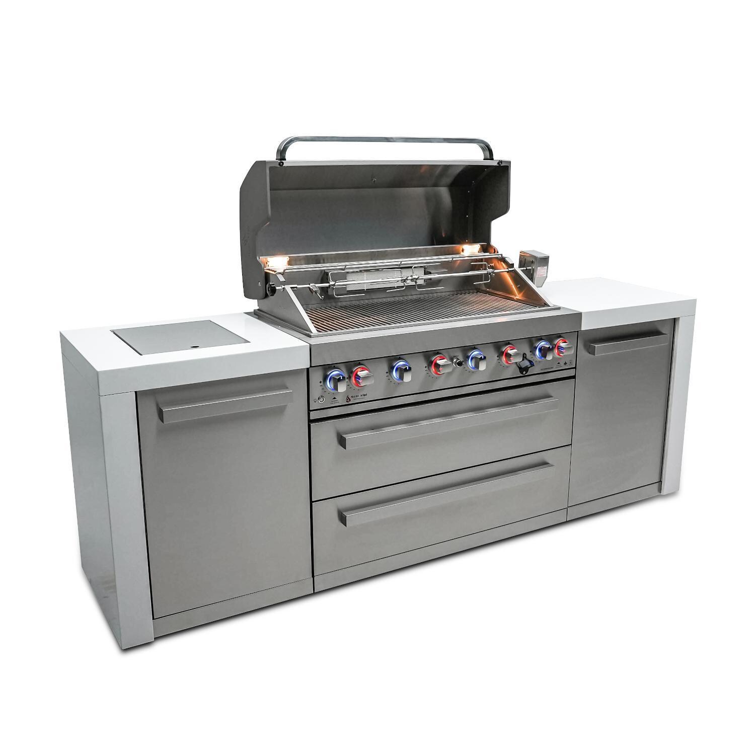 Mont Alpi - MAi805-D - Deluxe Gas Island Grill - Stainless Steel - Angled Right - Grill Open - White Background thumbnail