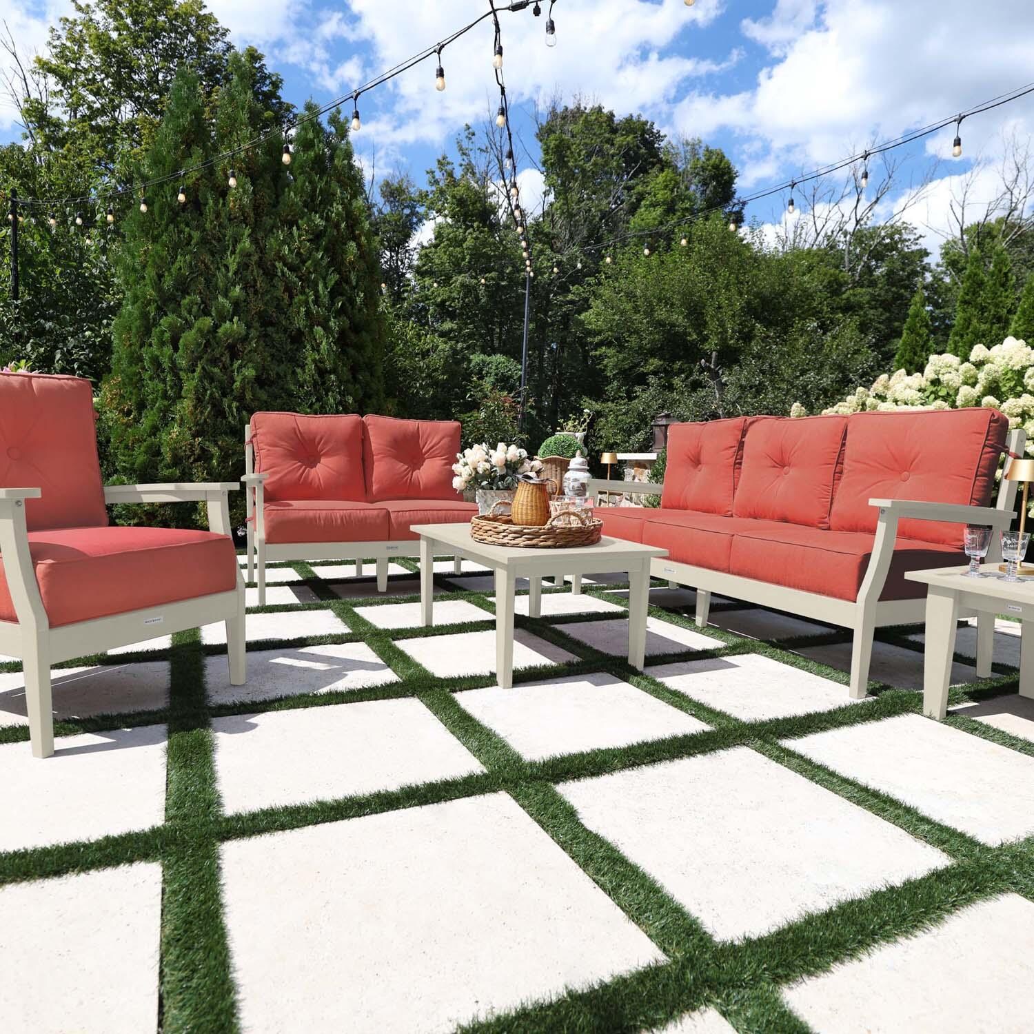 Blushing Bay 6 Pc Recycled Plastic Grand Seating Set in Canvas Persimmon/Whitewash by Lakeview Outdoor Designs - Front View - Lifestyle thumbnail