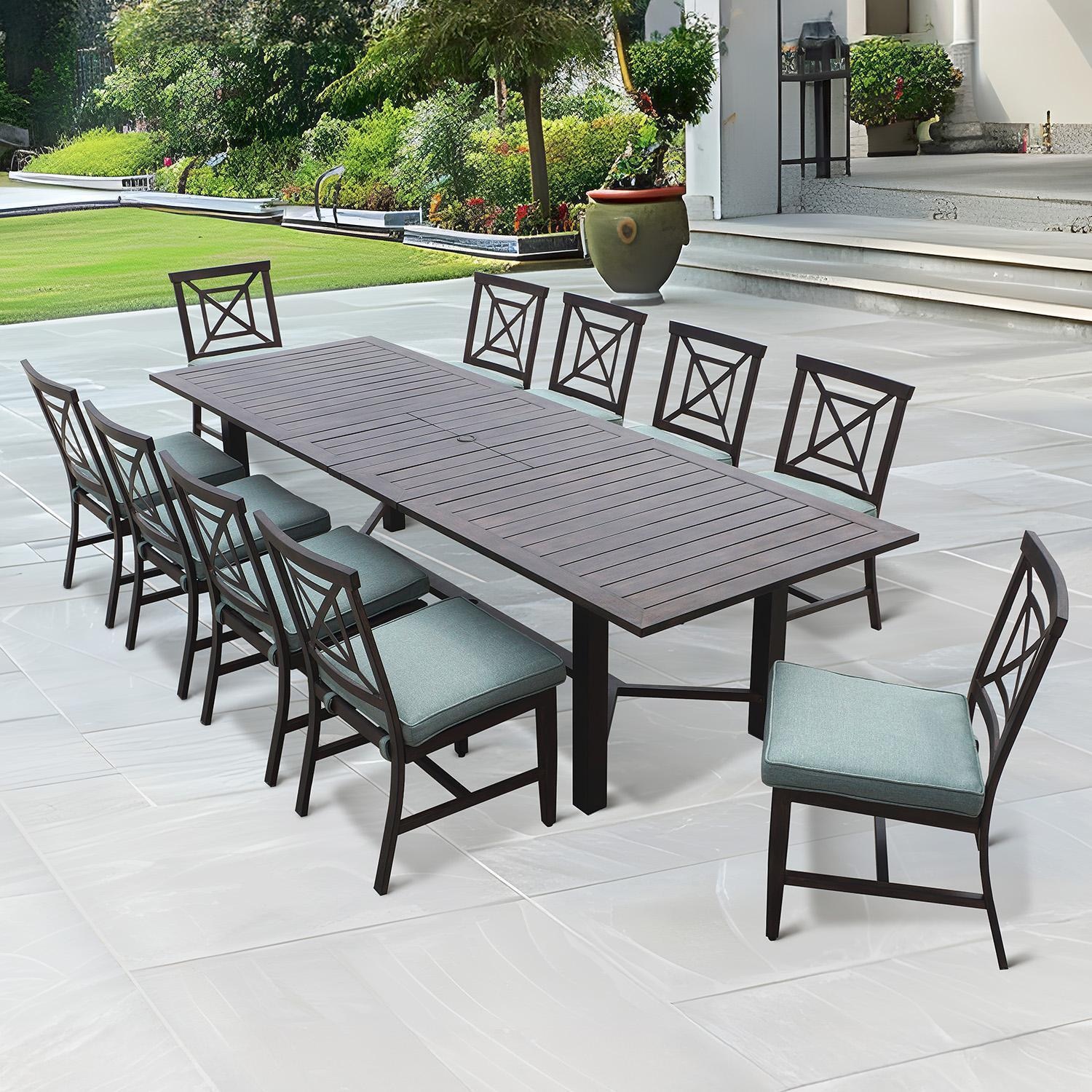 Atlantis 11 Pc Aluminum Dining Set w/ 91 X 40 Inch Extension Table in Walnut/Spa by Darlee
