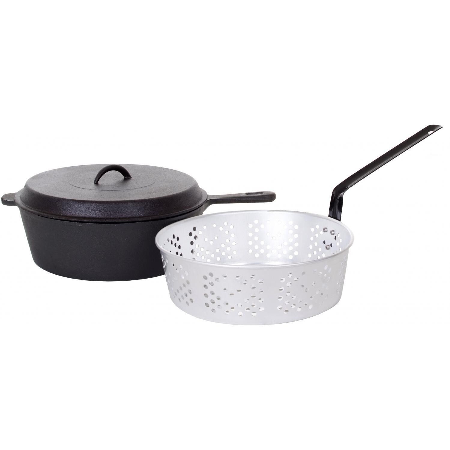 Cajun Cookware 12-Quart Seasoned Cast Iron Chicken Fryer With Basket - Closed View With Basket thumbnail
