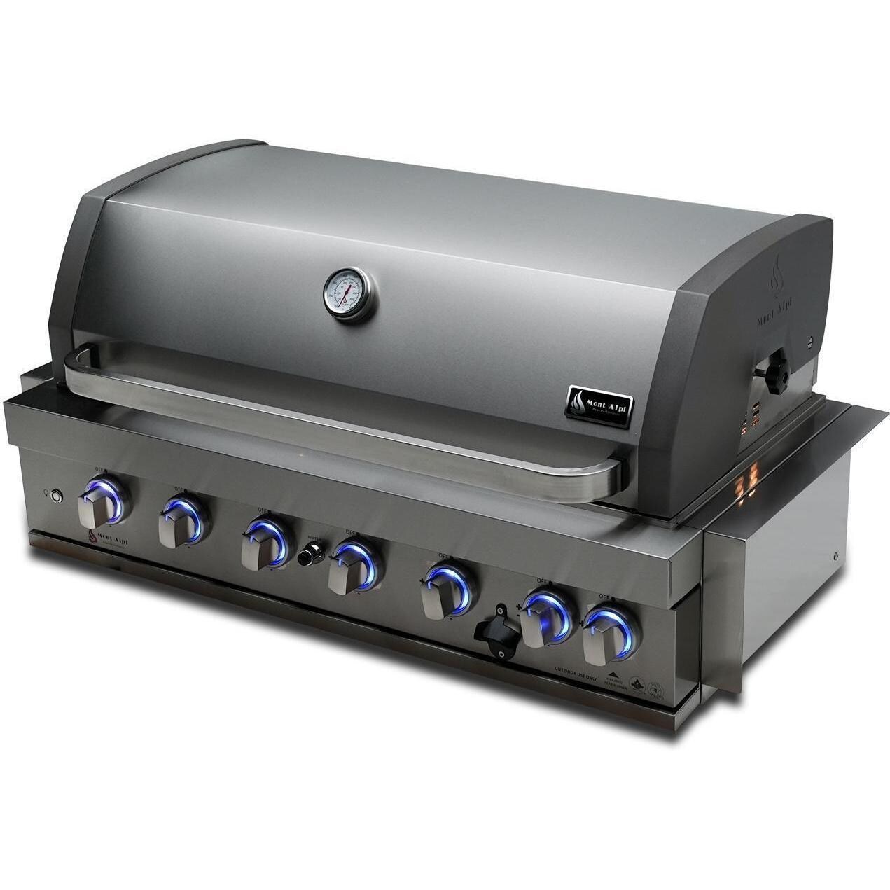 Mont Alpi MA805-AW 6-Burner Stainless Steel Art-Wood Propane Island Grill - Grill Head Angled Left - White Background thumbnail