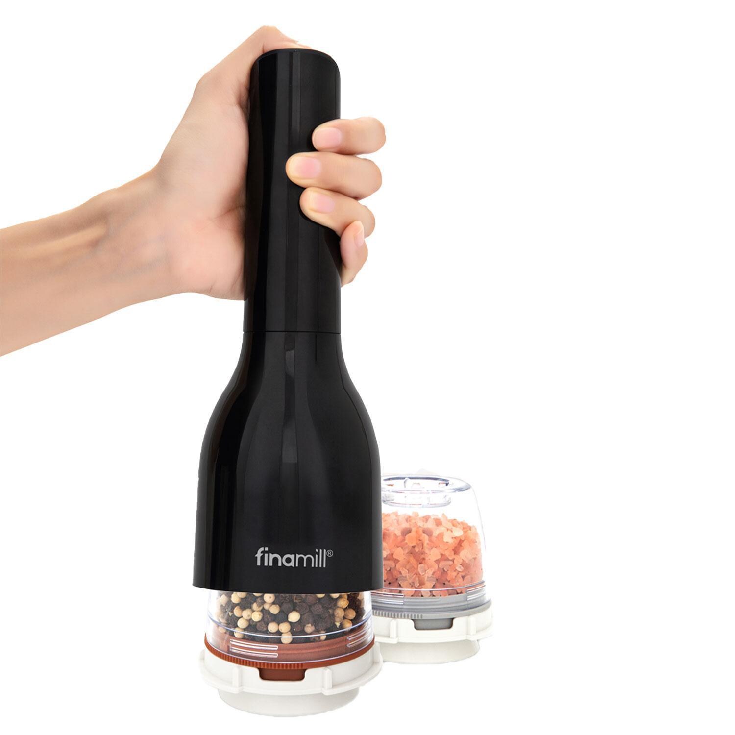FinaMill GP803437-111MIB Classic Battery Spice Grinder in Midnight Black w/ 1 Everyday Pod & 1 Peppercorn Pod - Easy Hand Grip - White Background thumbnail