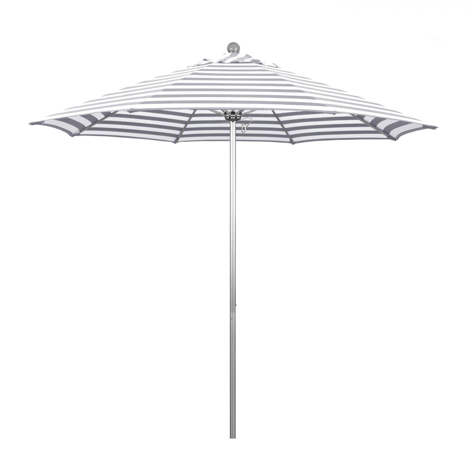 California Umbrella Venture Series 9 Ft Octagonal Aluminum Patio Umbrella W/ Push Lift & Fiberglass Ribs - Silver Anodized Frame / Olefin Gray White Cabana Stripe Canopy thumbnail