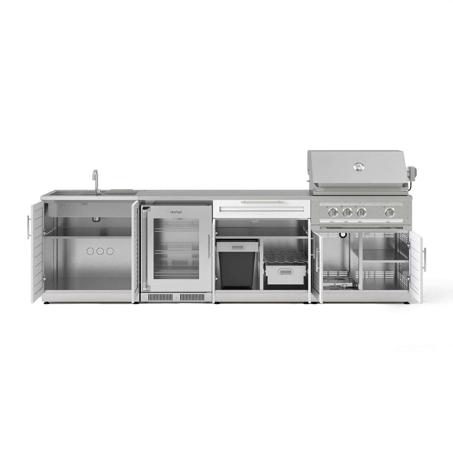 NewAge Products 71527 Classic Series 10 Ft Outdoor Kitchen Island w/ 33-in Natural Gas Grill, Sink, Glass Door Refrigerator, Trash Bin, Door & Drawer in White/Stainless Steel - Open - White Background thumbnail