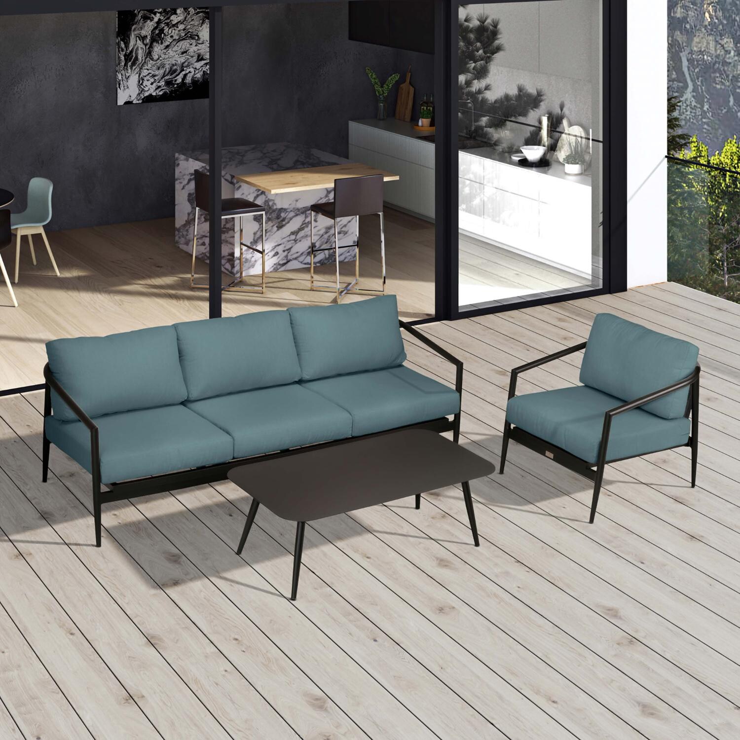 Lakeview Midnight Cove 3 Pc Aluminum Sofa Seating Set in Black/Carbon/Cast Lagoon - Top - Lifestyle thumbnail