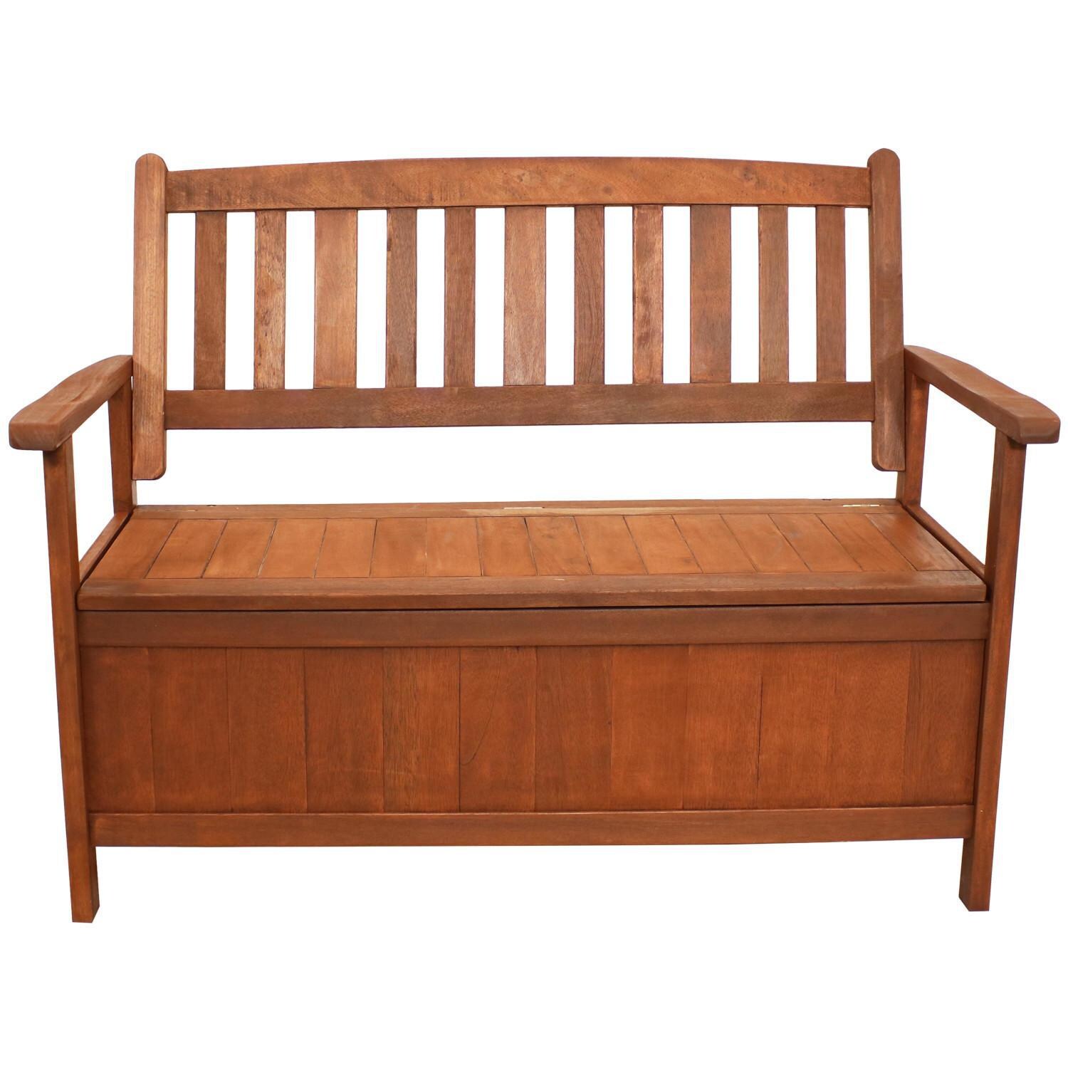 Ultimate Patio Meranti Wood 2-Seat Storage Bench W/ Teak Oil Finish - Front View thumbnail