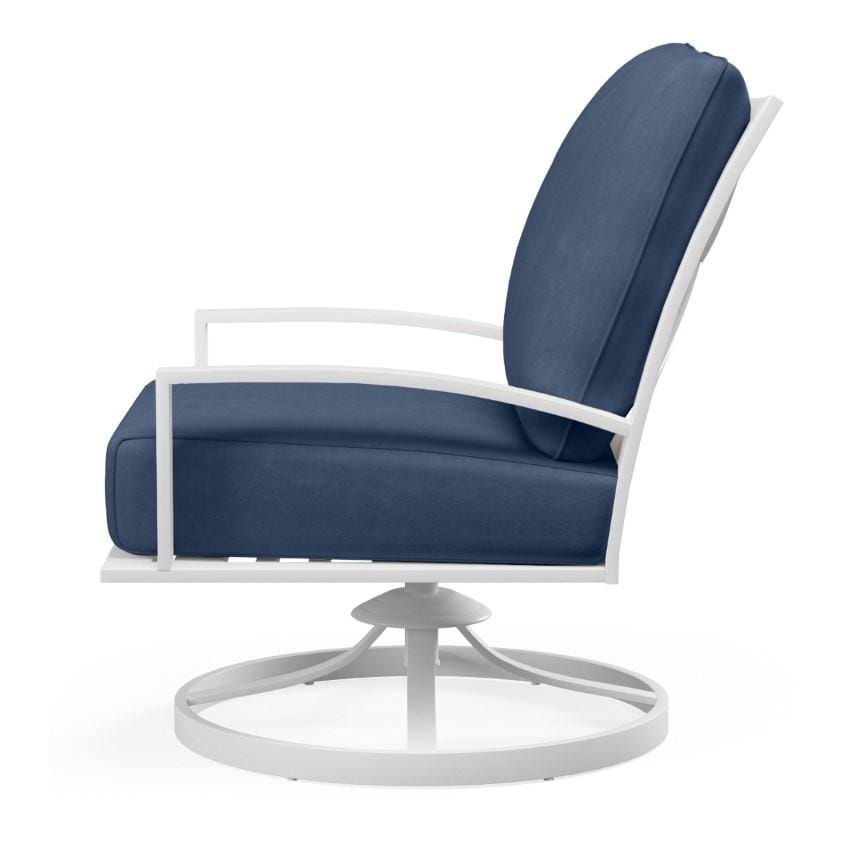 Bristol Aluminum Swivel Club Chair w/ Self Welt in White/Spectrum Indigo by Sunset West - Side View - White Background thumbnail