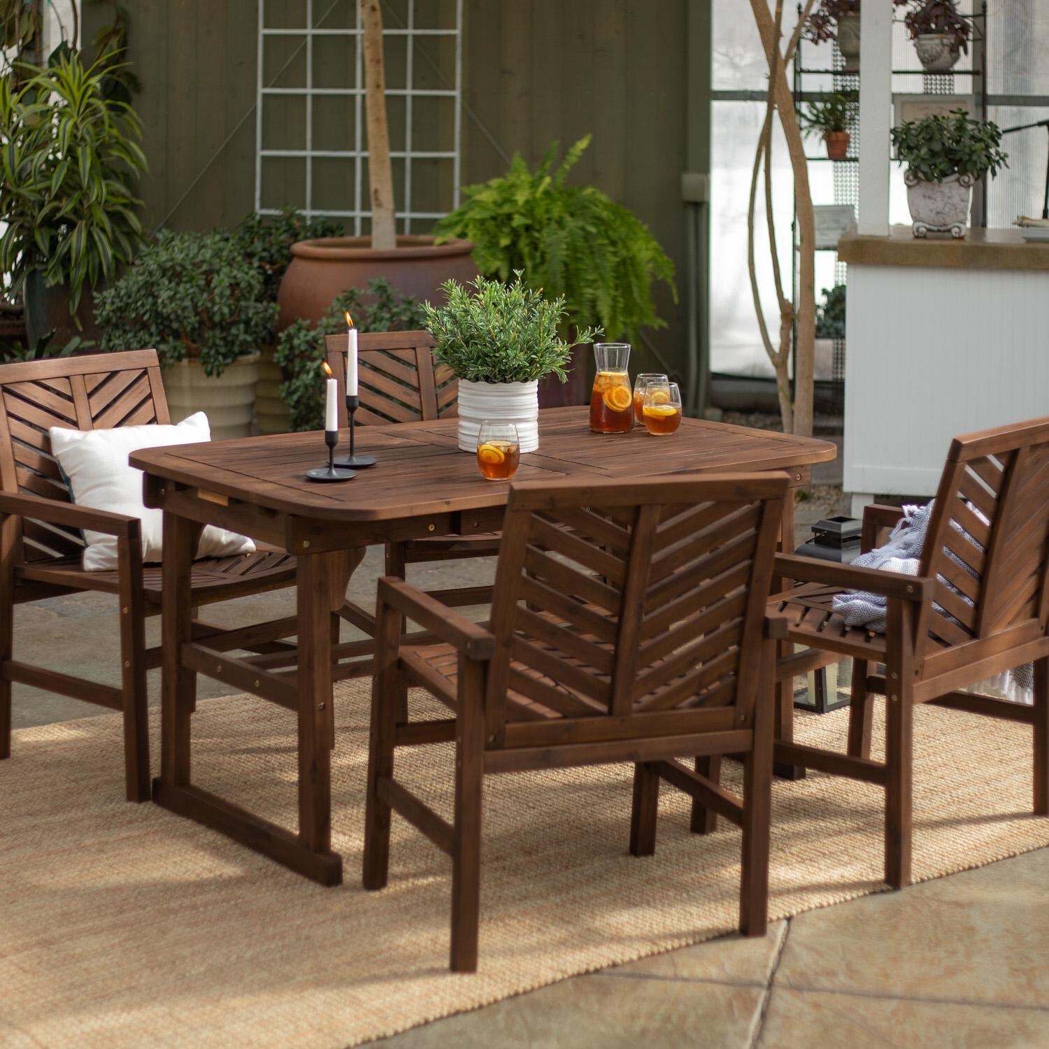Walker Edison Vincent 5 Piece Acacia Patio Dining Set W/ 55-79 X 35 Inch Extension Rectangular Table - Dark Brown image