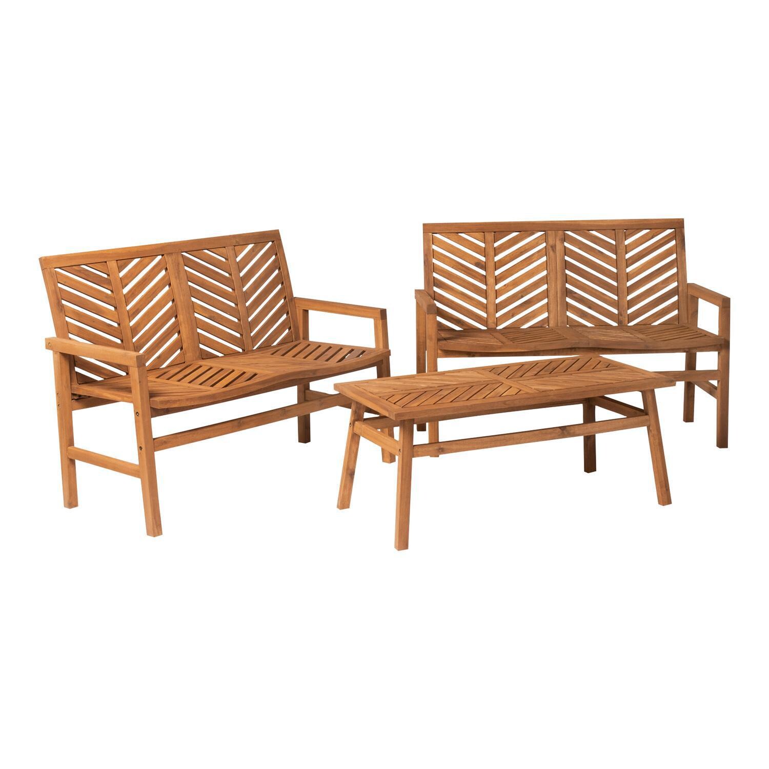 Ultimate Patio Wishlake 3 Piece Acacia Patio Conversation Set W/ 42 X 20 Inch Rectangular Table - Brown - Angled View thumbnail