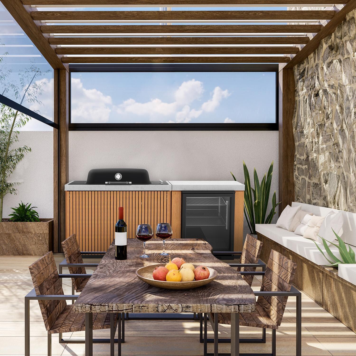 Everdure 6 1/2 Ft Outdoor Kitchen Island w/ Marine Grade Aluminum Cabinets in Timber Effect - By Dining Area - Lifestyle thumbnail