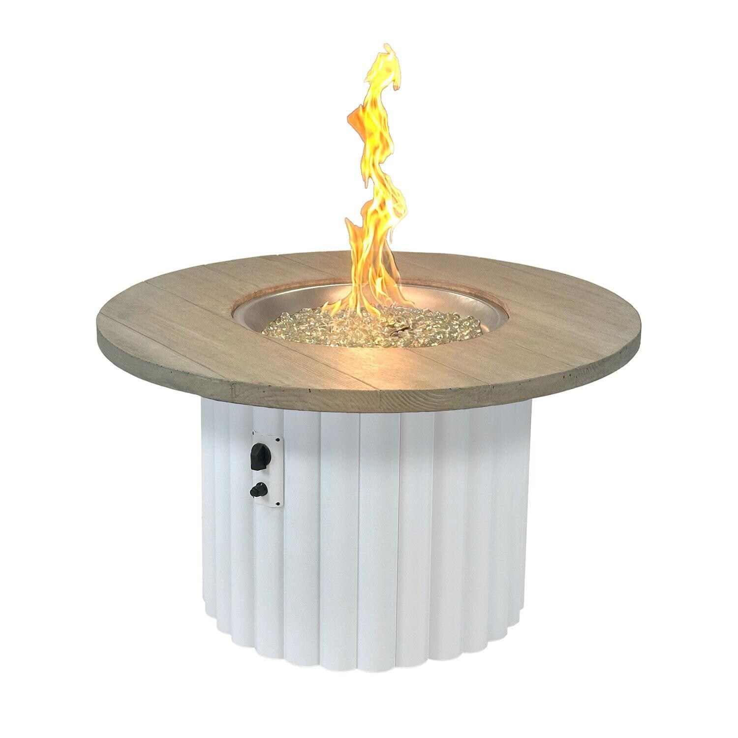 Reverie REVSWH-42-K 42-in Round Aluminum Gas Fire Pit Table w/ Smokey Oak Supercast Top & White Base - Flame On - White Background thumbnail