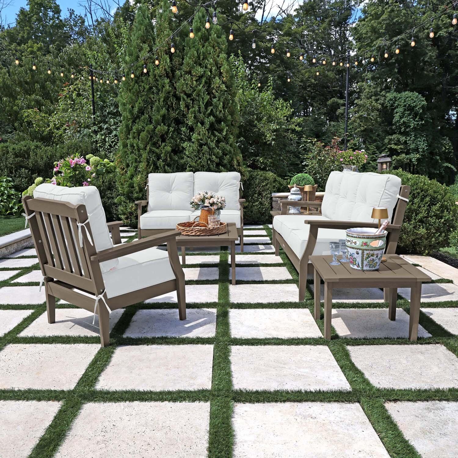 Blushing Bay 6 Pc Recycled Plastic Grand Seating Set in Bliss Linen/Woodland Brown by Lakeview Outdoor Designs - Side View - Lifestyle thumbnail