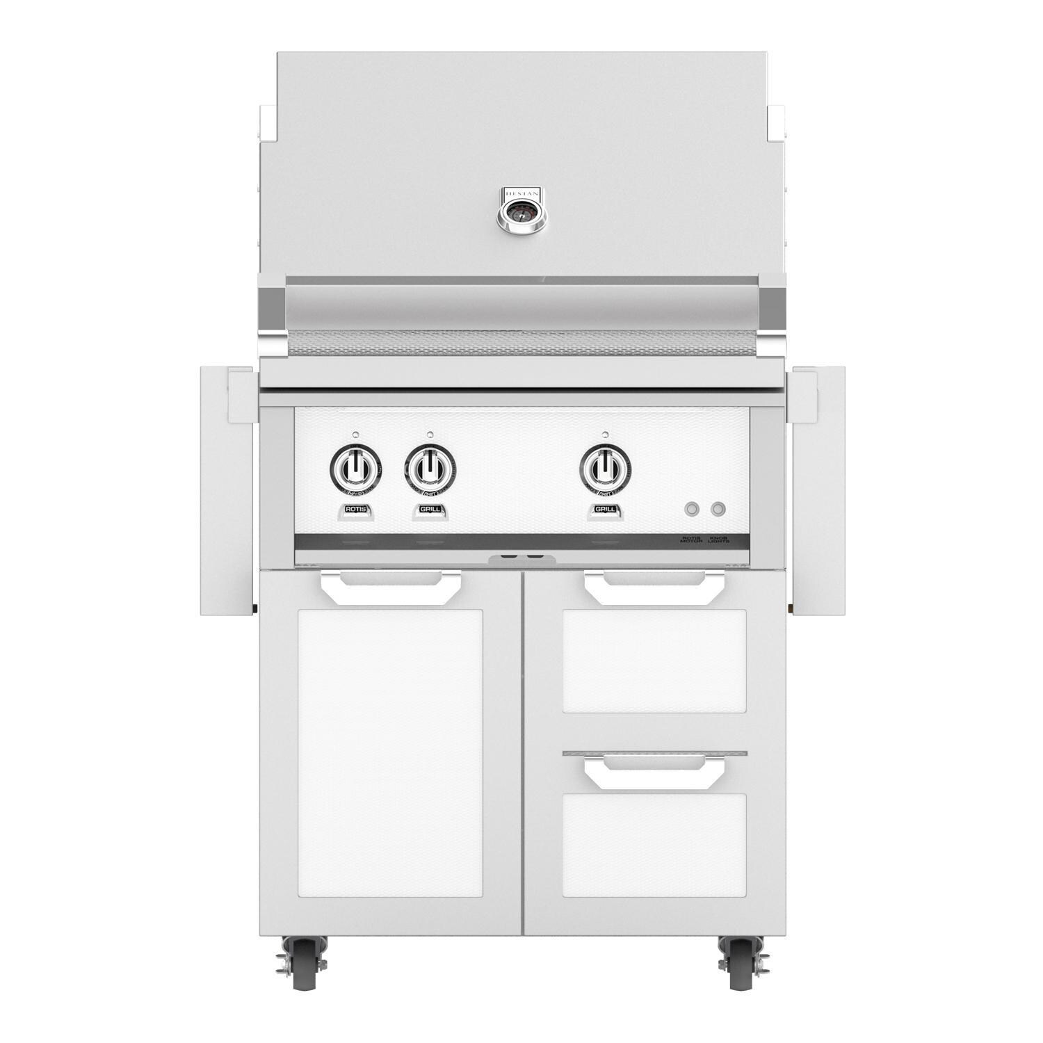 Hestan 30-Inch Propane Gas Grill W/ All Infrared Burners & Rotisserie On Double Drawer & Door Tower Cart - Froth - GSBR30-LP-WH