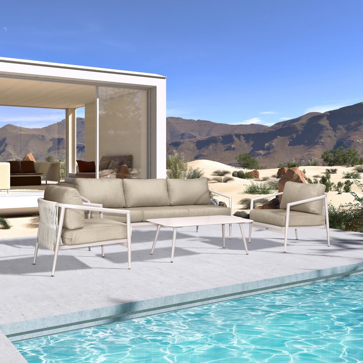 Lakeview Midnight Cove 4 Pc Aluminum Sofa Seating Set in Urban Stone/Carrera/Canvas Flax - Angled - Lifestyle thumbnail