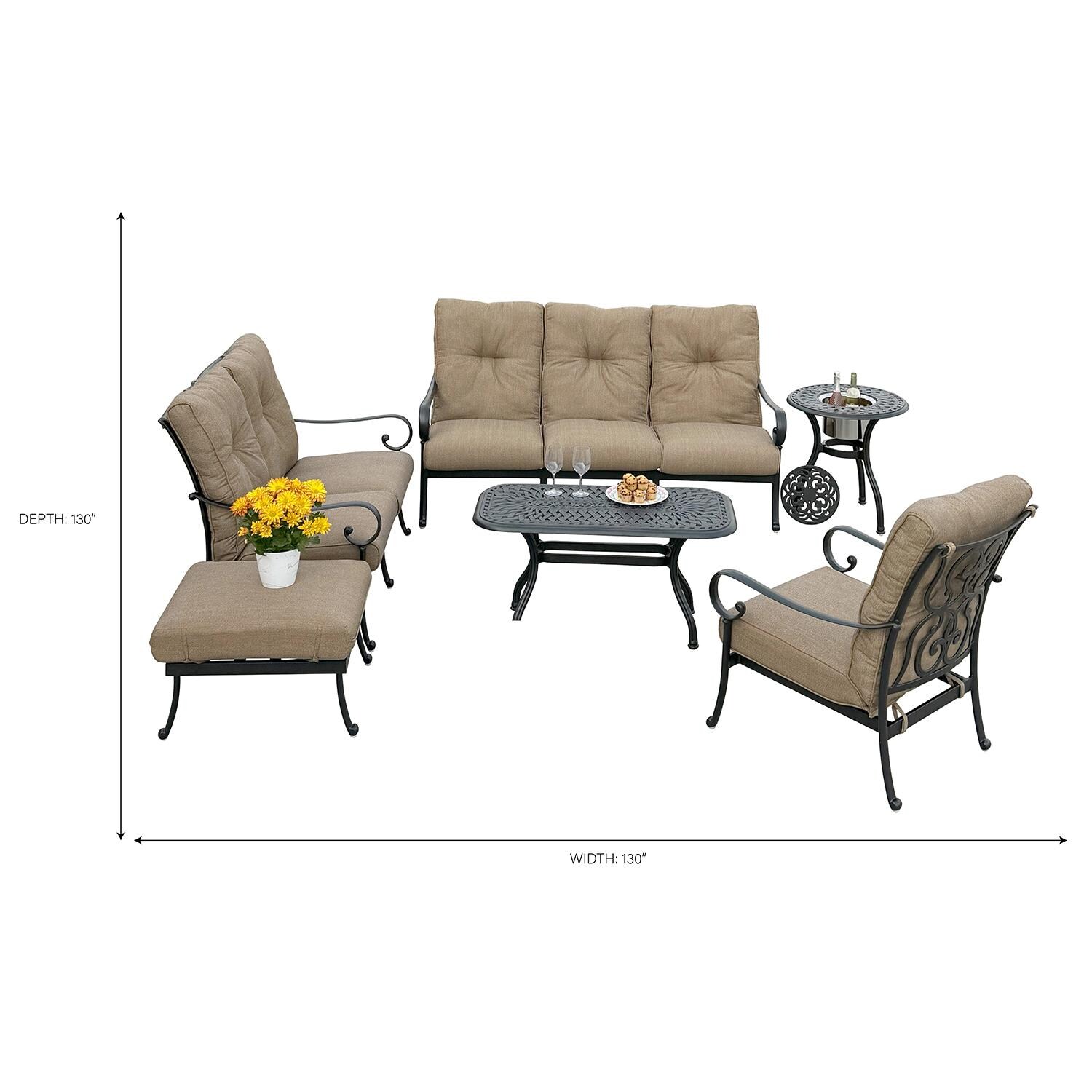 Santa Anita 6 Pc Cast Aluminum Seating Set w/ Rectangular Table in Antique Bronze/Sesame by Darlee - Dimensional thumbnail