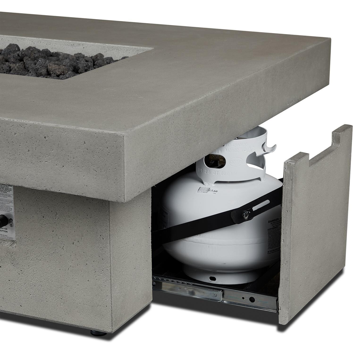 Hickory Bay 3708LP-ASH 60 Inch Rectangular GFRC Propane Fire Pit Table in Ash by BBQGuys Signature - Tank Storage - Detail thumbnail