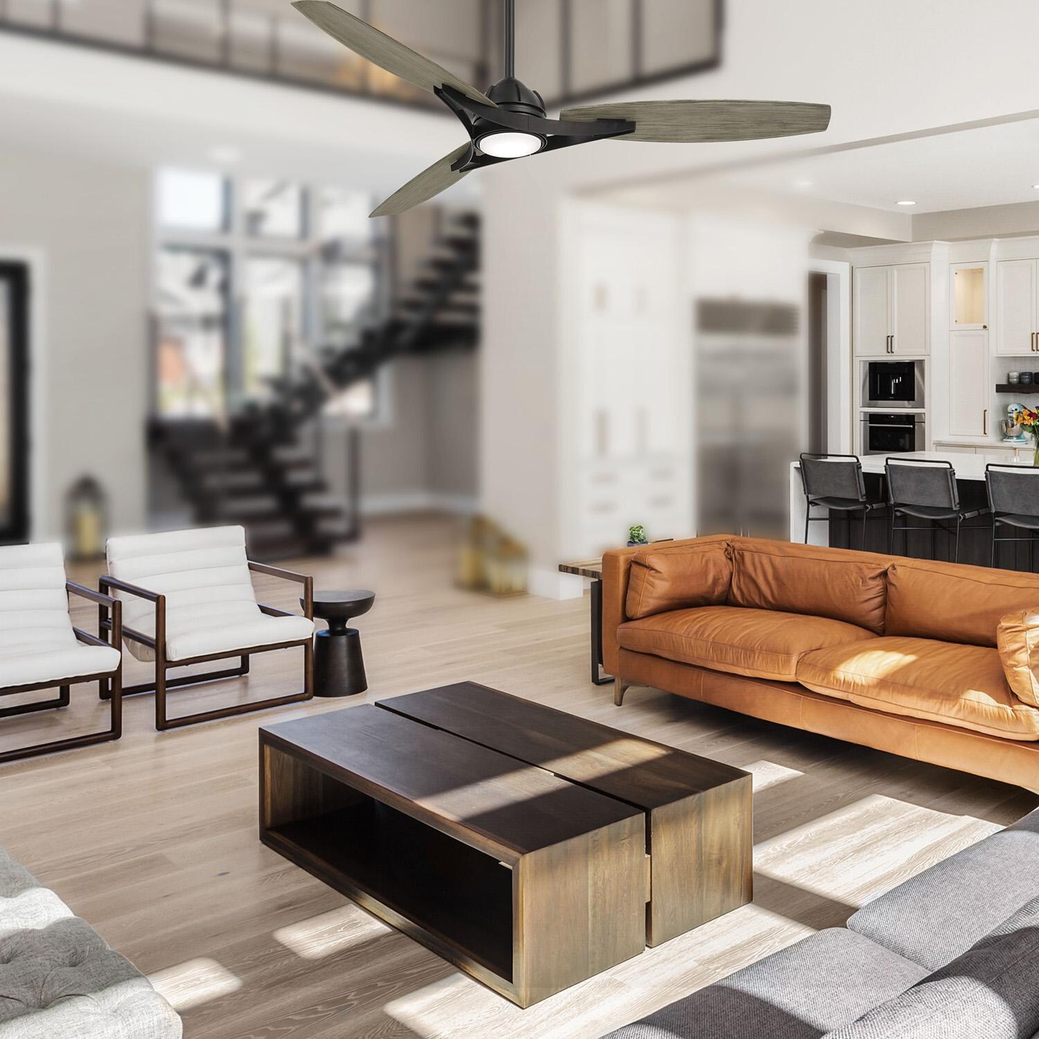 Minka-Aire F742L-CL/SG Molino 65-Inch 3-Blade LED Smart Ceiling Fan in Coal Finish w/ Seashore Grey Blades & Etched White Glass - Indoor Lifestyle thumbnail