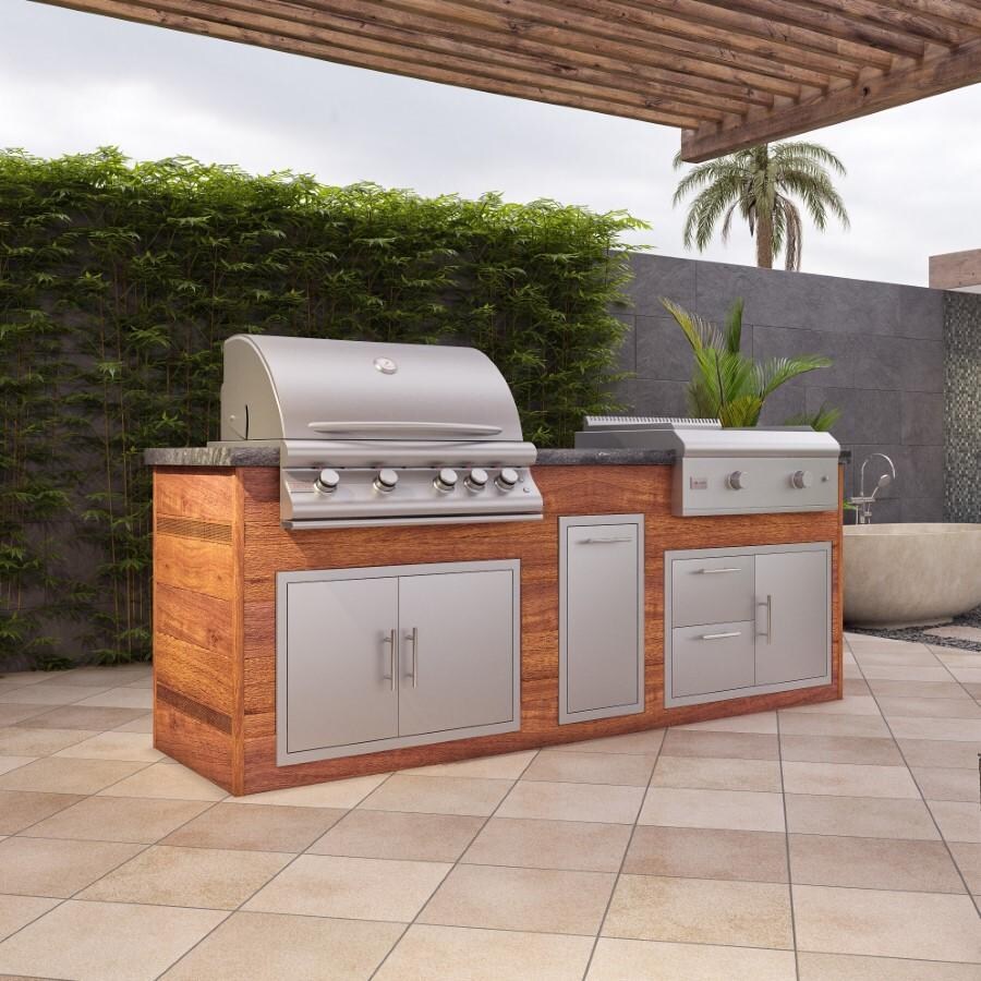 BBQGuys Signature 8ft Luxury Outdoor Island W/ Blaze Premium LTE 32-Inch Natural Gas Grill & LTE 30-Inch Natural Gas Griddle - Light National Walnut Aluminum W/ Black Polished Granite - Hero -Lifestyle thumbnail