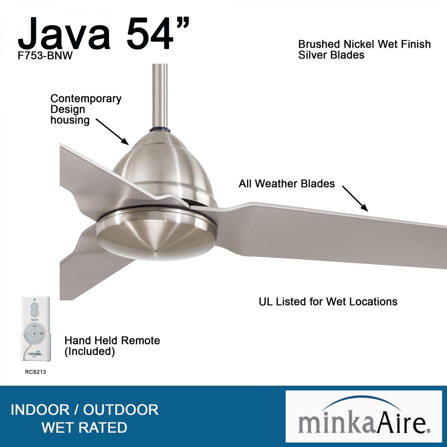 Minka-Aire F753-BNW Java 54-Inch 3-Blade Ceiling Fan in Brushed Nickel Wet Finish w/ Silver Blades - Details thumbnail